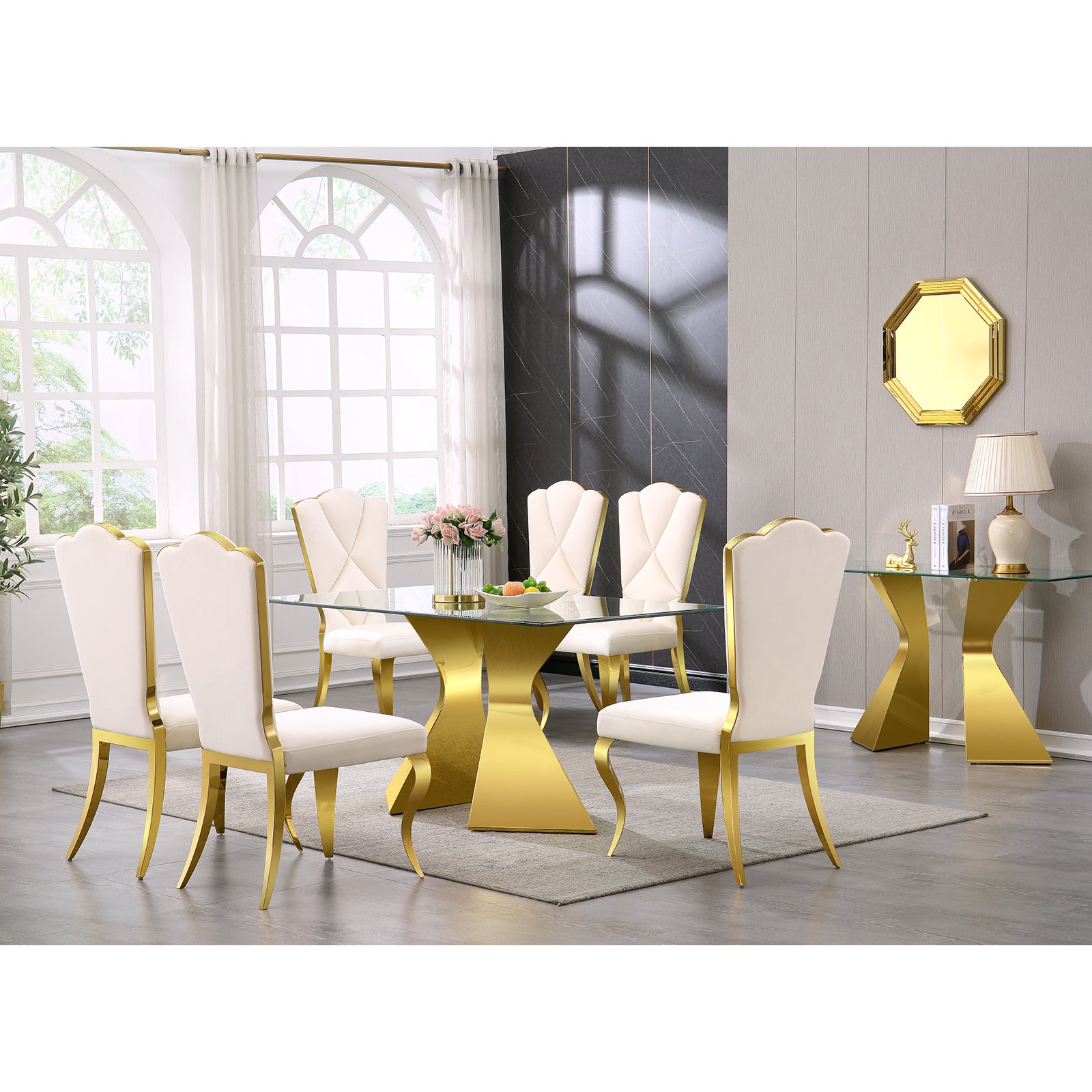Glass dining table | 63" table Top | Gold Triangular Metal Legs | T226