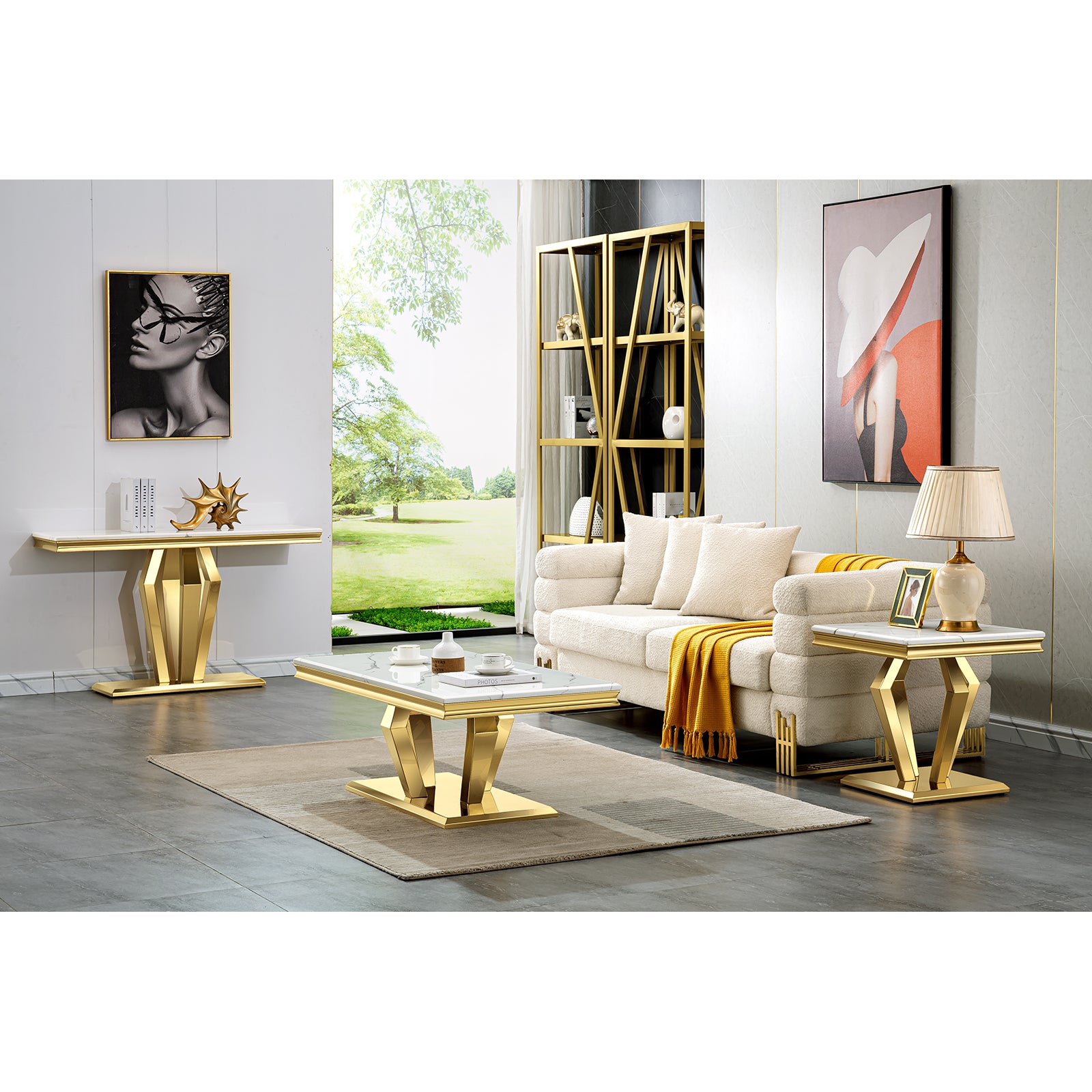 White Gold Living room table Set | Four Geometric legs | L206