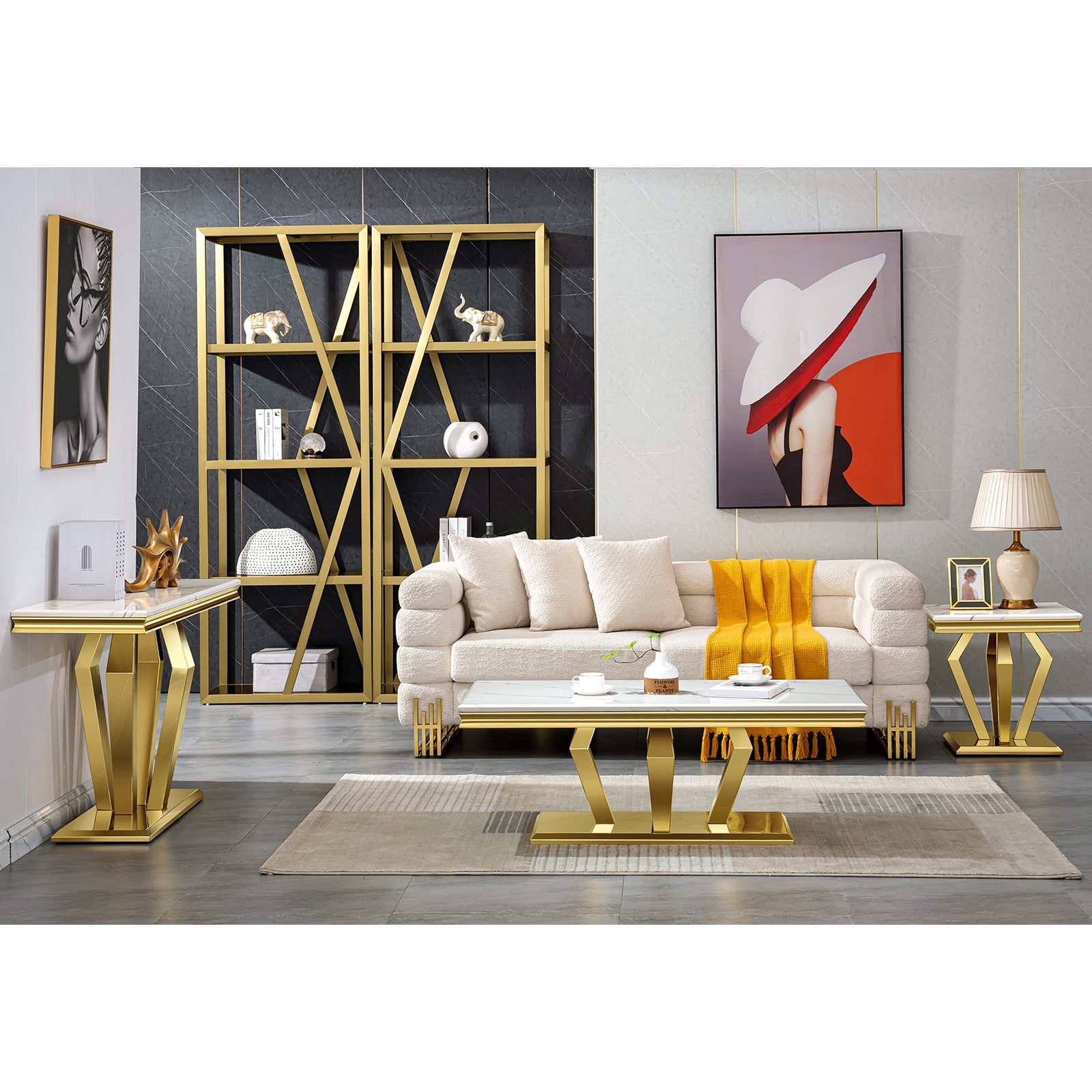 White Gold Living room table Set | Four Geometric legs | L206