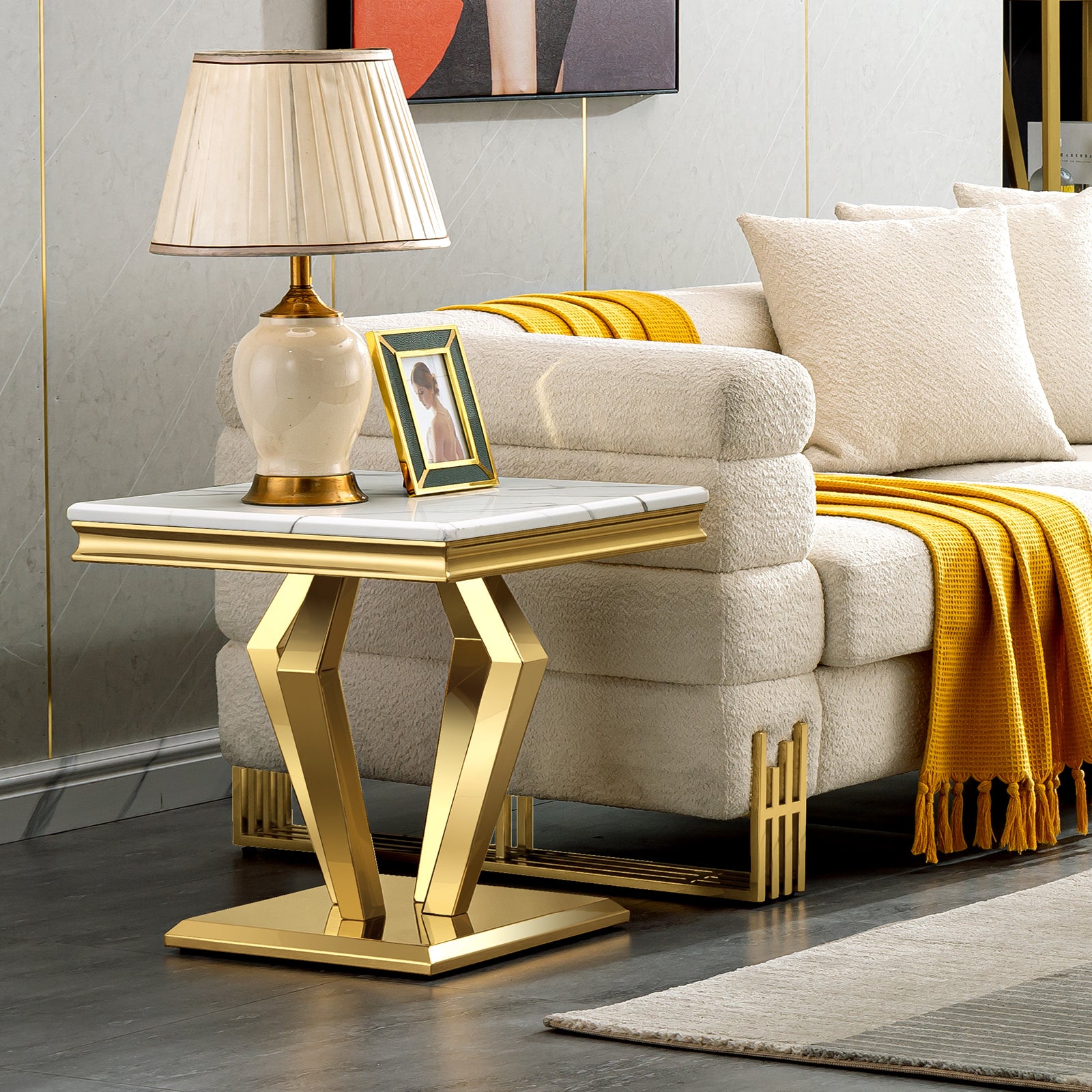 End Table with Gold Geometric Metal Base | E422