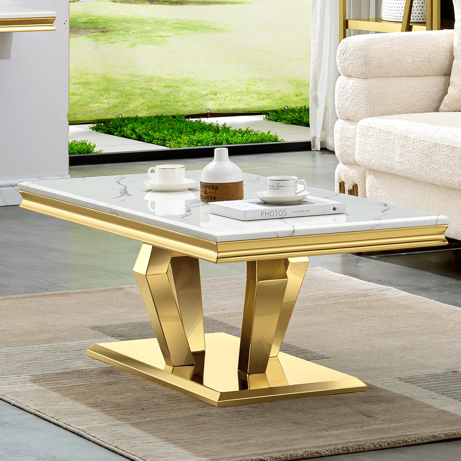 White Coffee Table With Gold Metal Four Geometric legs | F323
