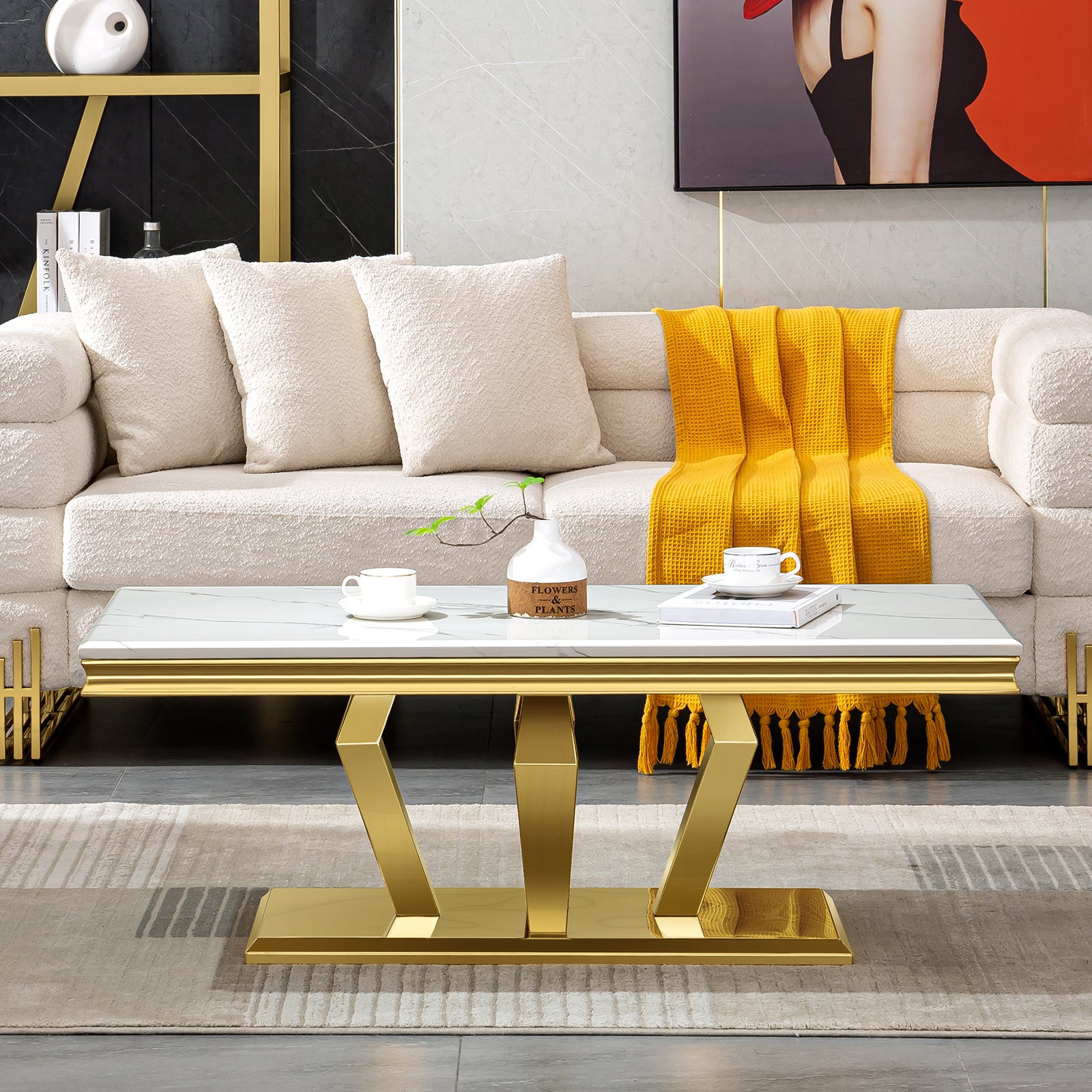 White Coffee Table With Gold Metal Four Geometric legs | F323