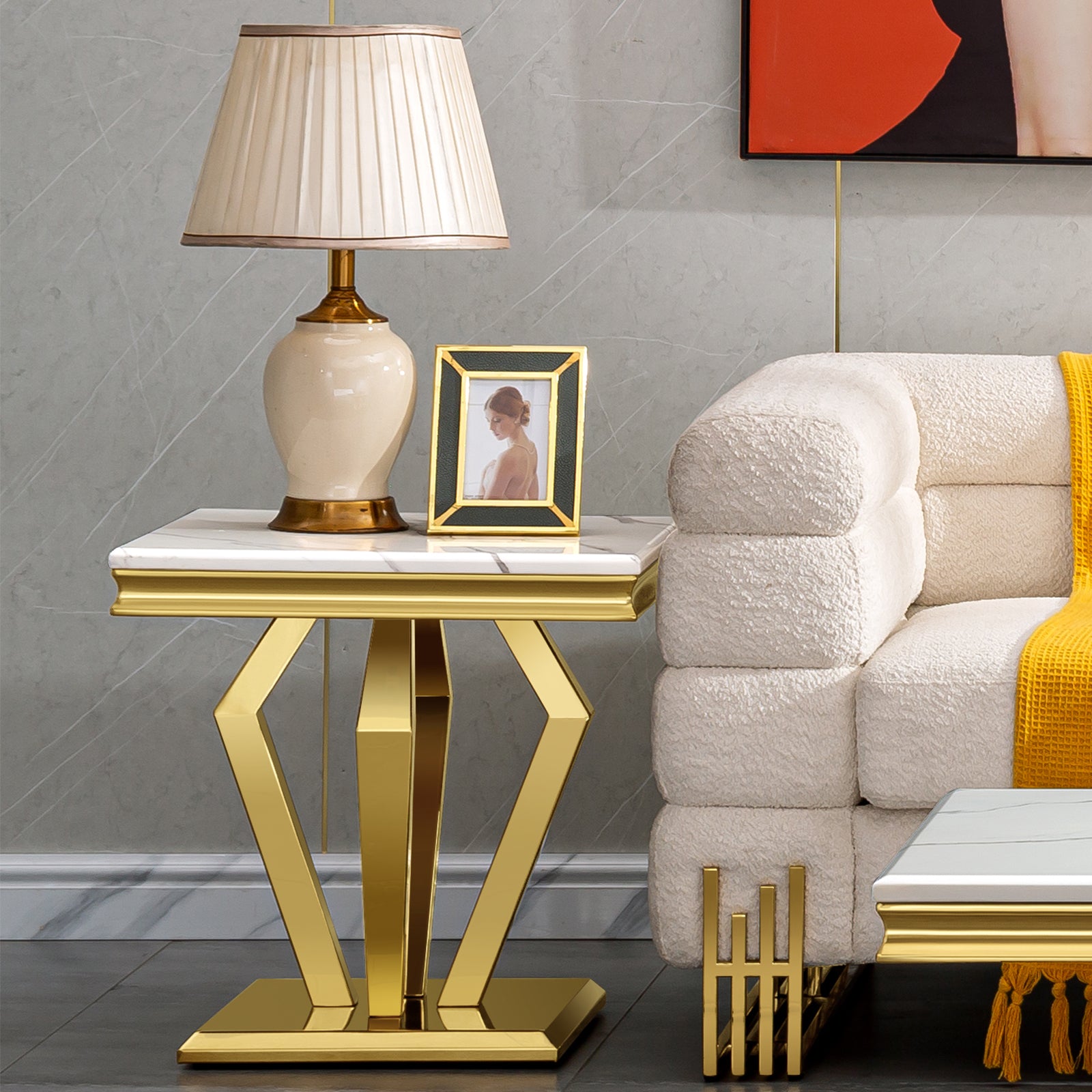 End Table with Gold Geometric Metal Base | E422