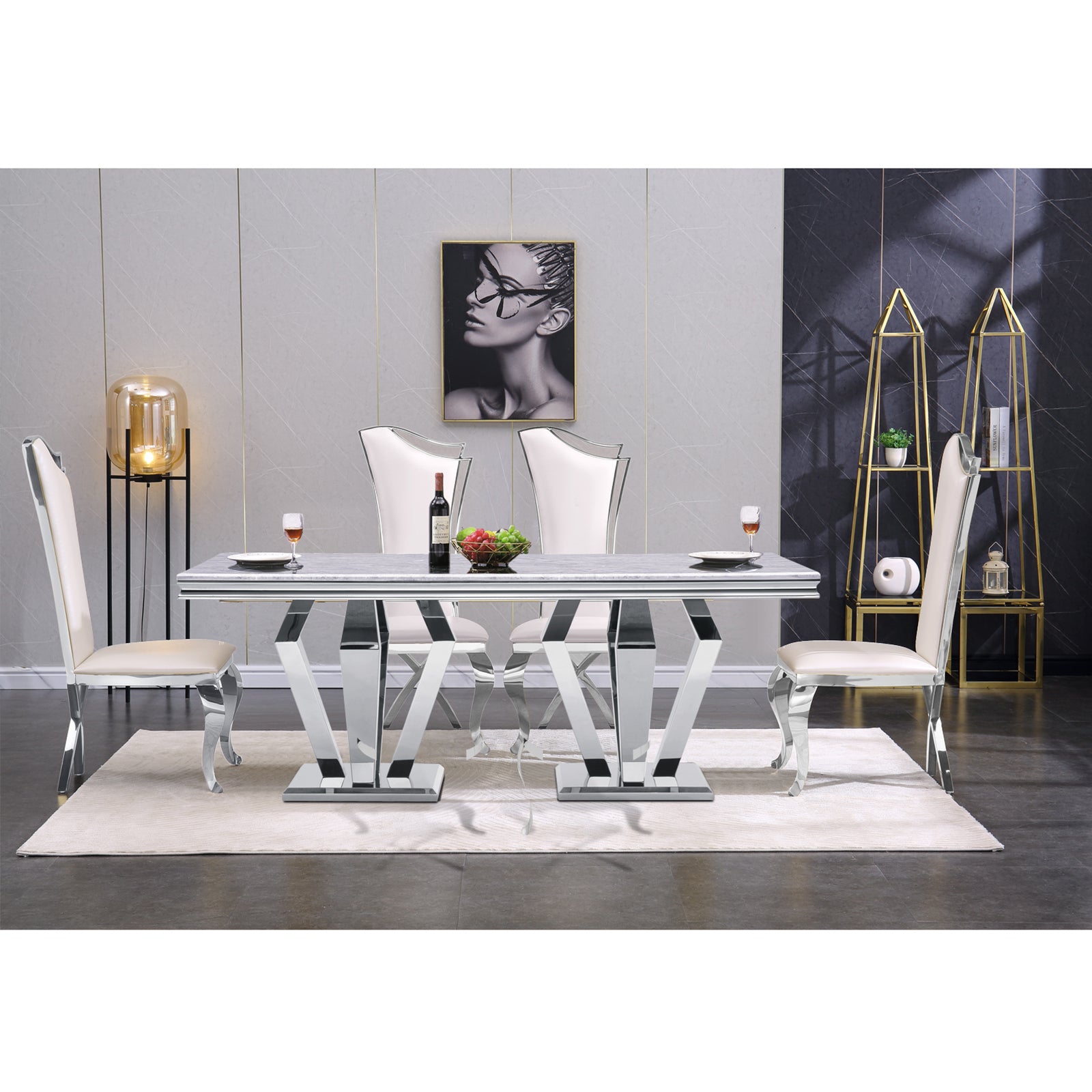 685-Set | AUZ White and Silver Dining room Sets for 6