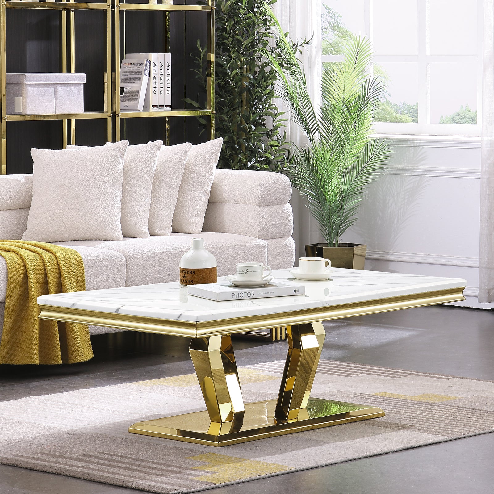 White Coffee Table With Gold Metal Four Geometric legs | F323
