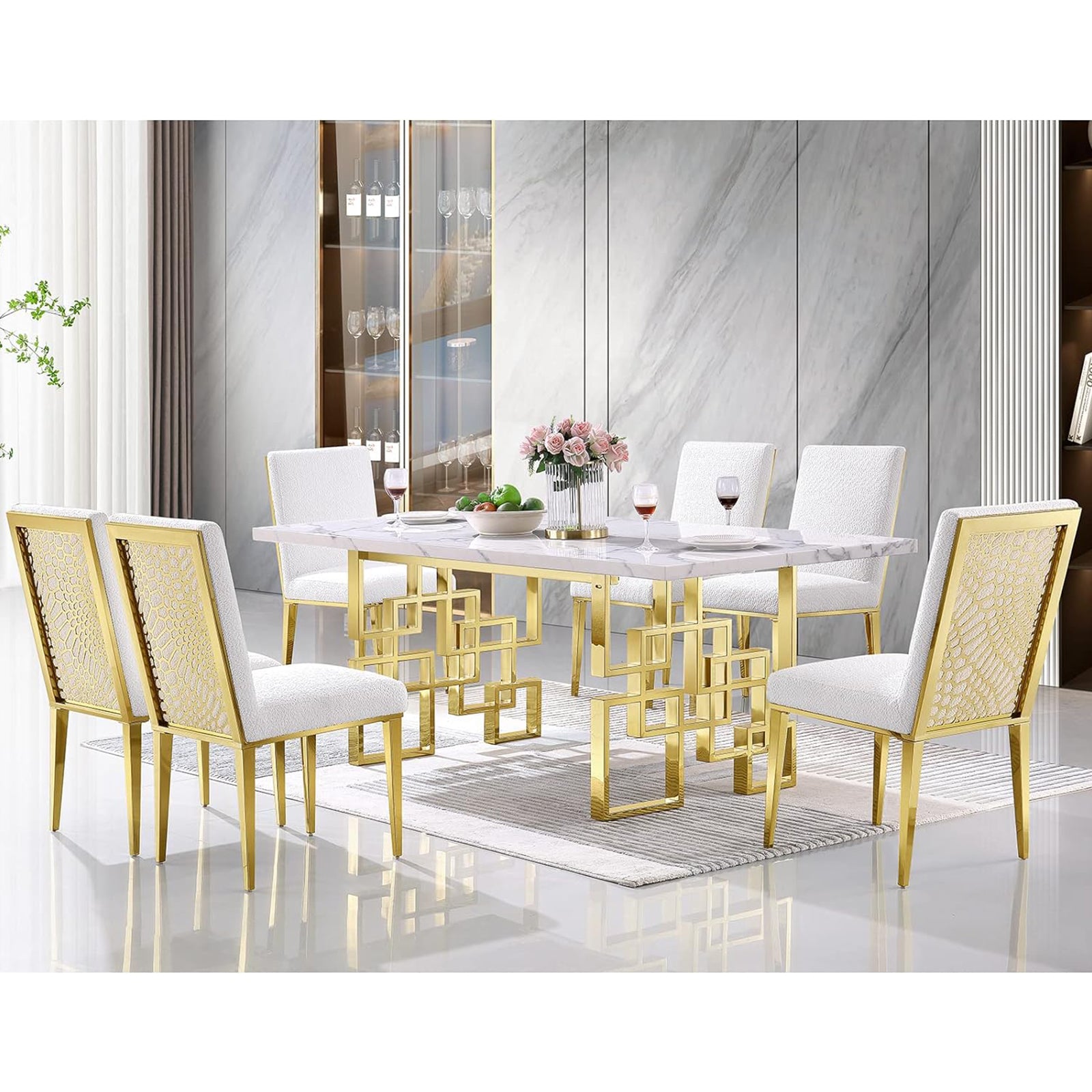 White dining table | 78" Rectangle table Top | Gold Metal geometric legs | folding screen design T219