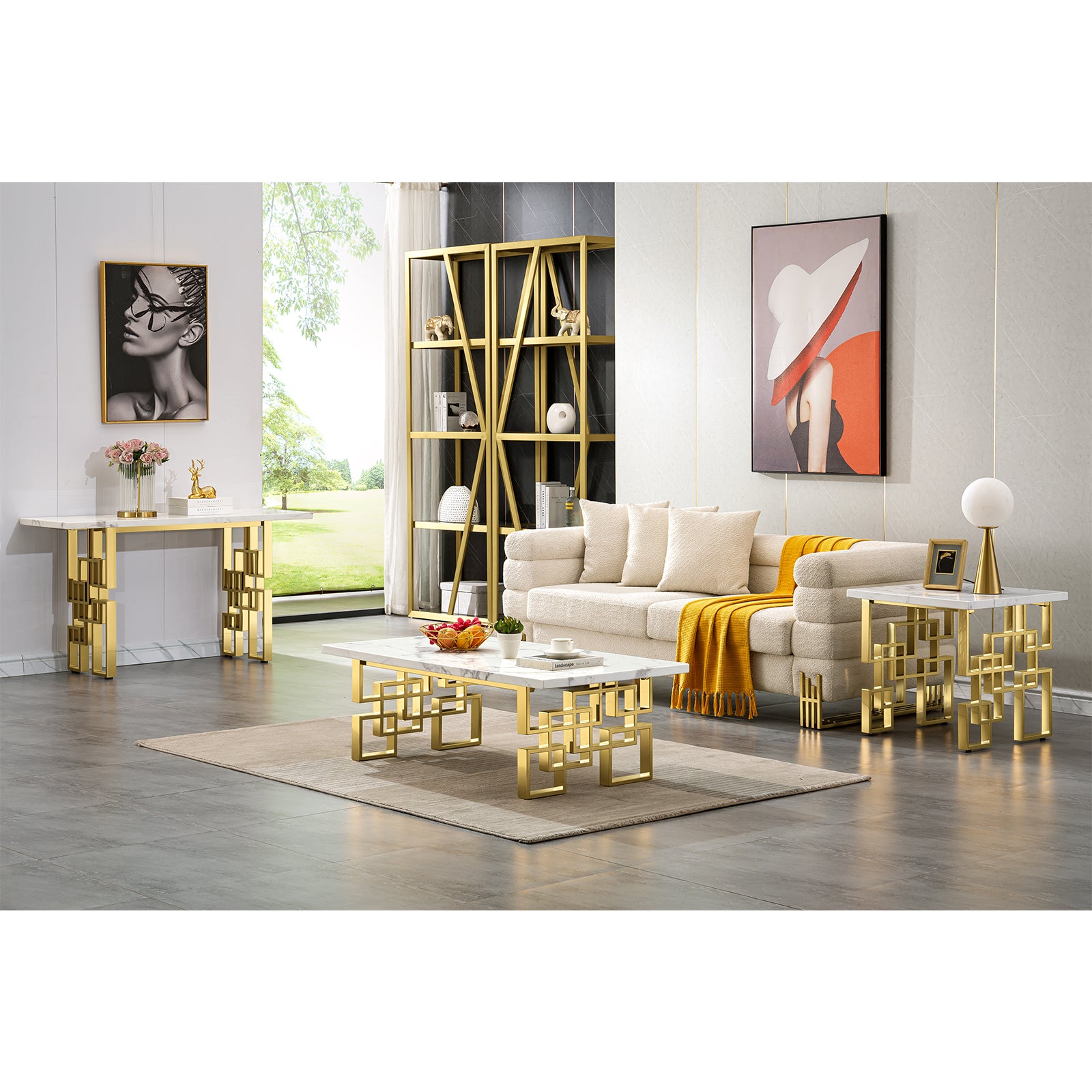 White Gold Living room table Set| MetalGeometric Base | L217