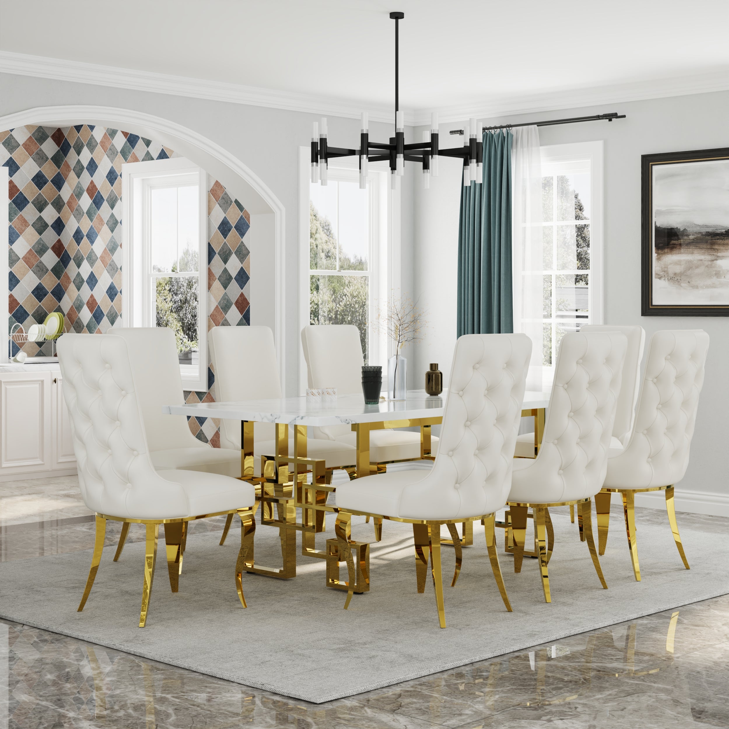 723 Set | White and Gold Dining Table Set for 8 | 78" Dining Table and 8 Pcs Leather High Back Dining Chairs