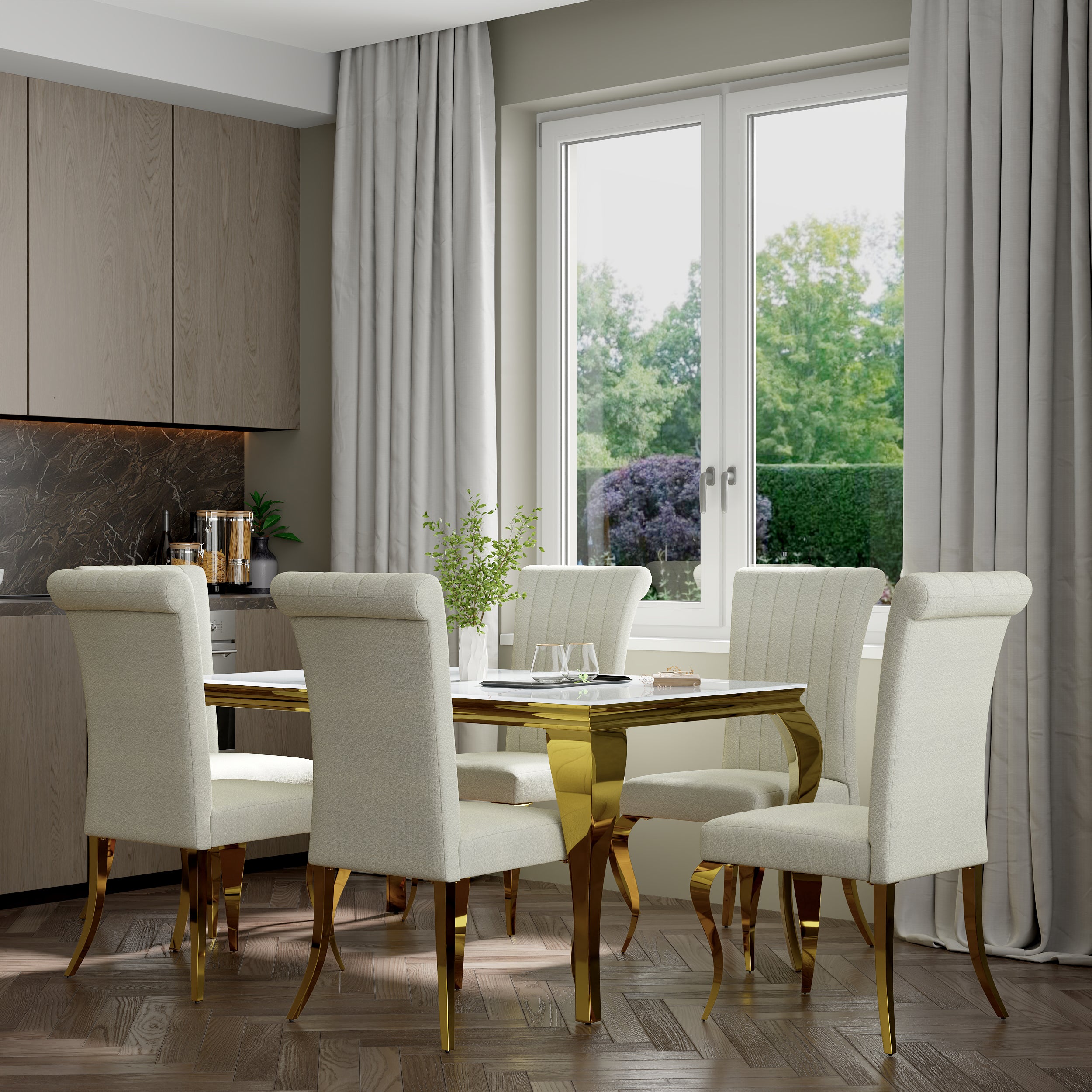 White and Gold Dining Chairs | Boucle Dining Chairs | Polished Cabriole Leg | C178