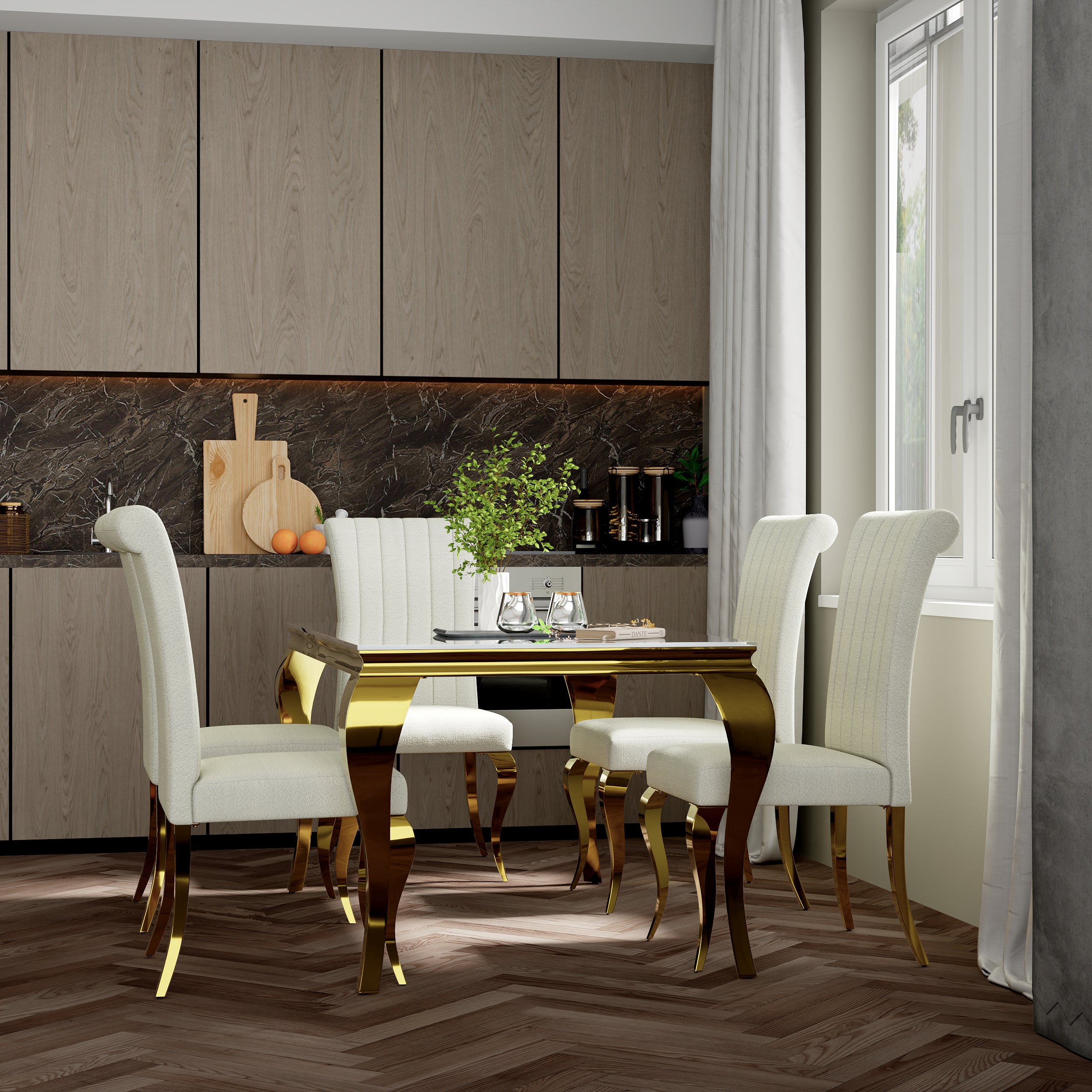 White and Gold Dining Chairs | Boucle Dining Chairs | Polished Cabriole Leg | C178