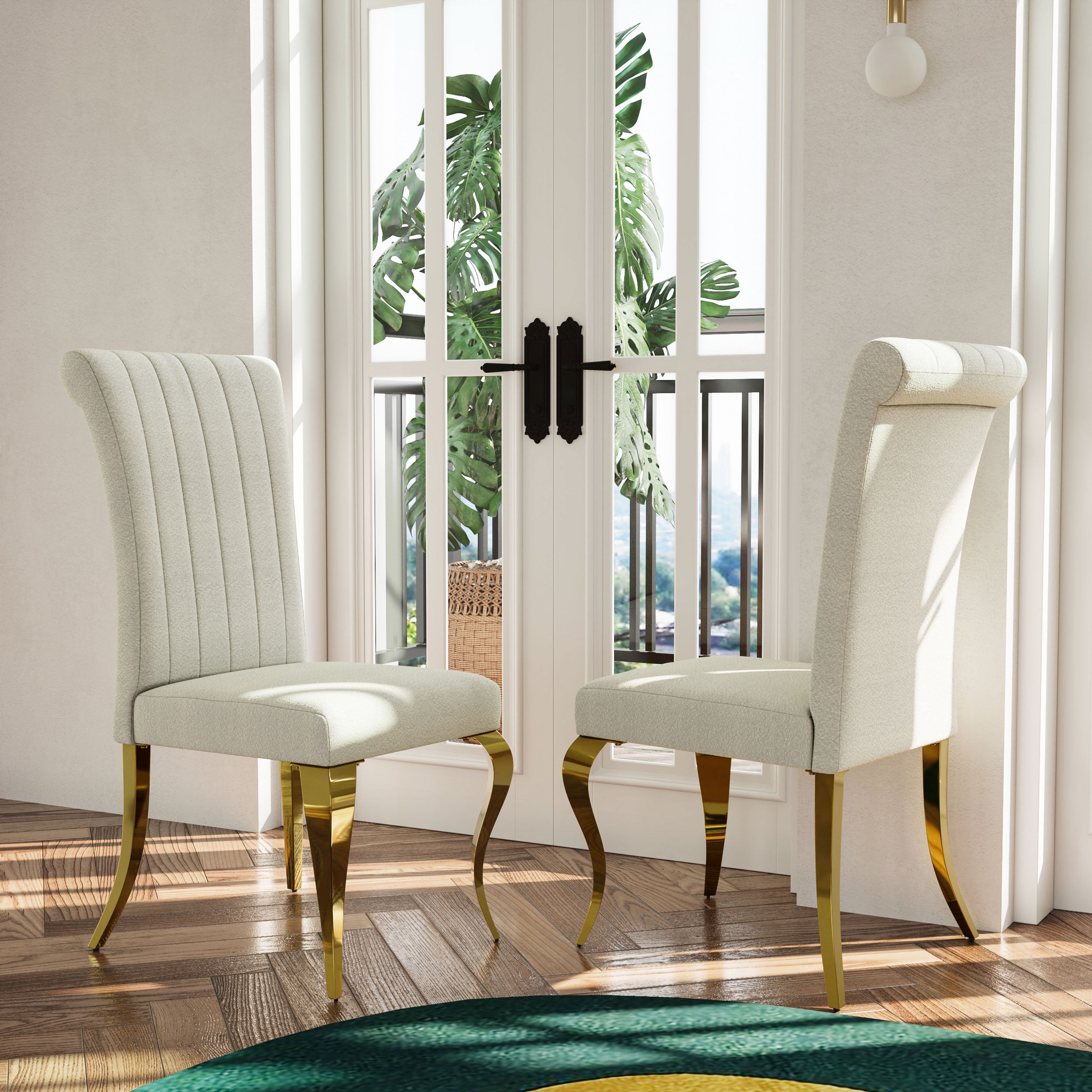 White and Gold Dining Chairs | Boucle Dining Chairs | Polished Cabriole Leg | C178