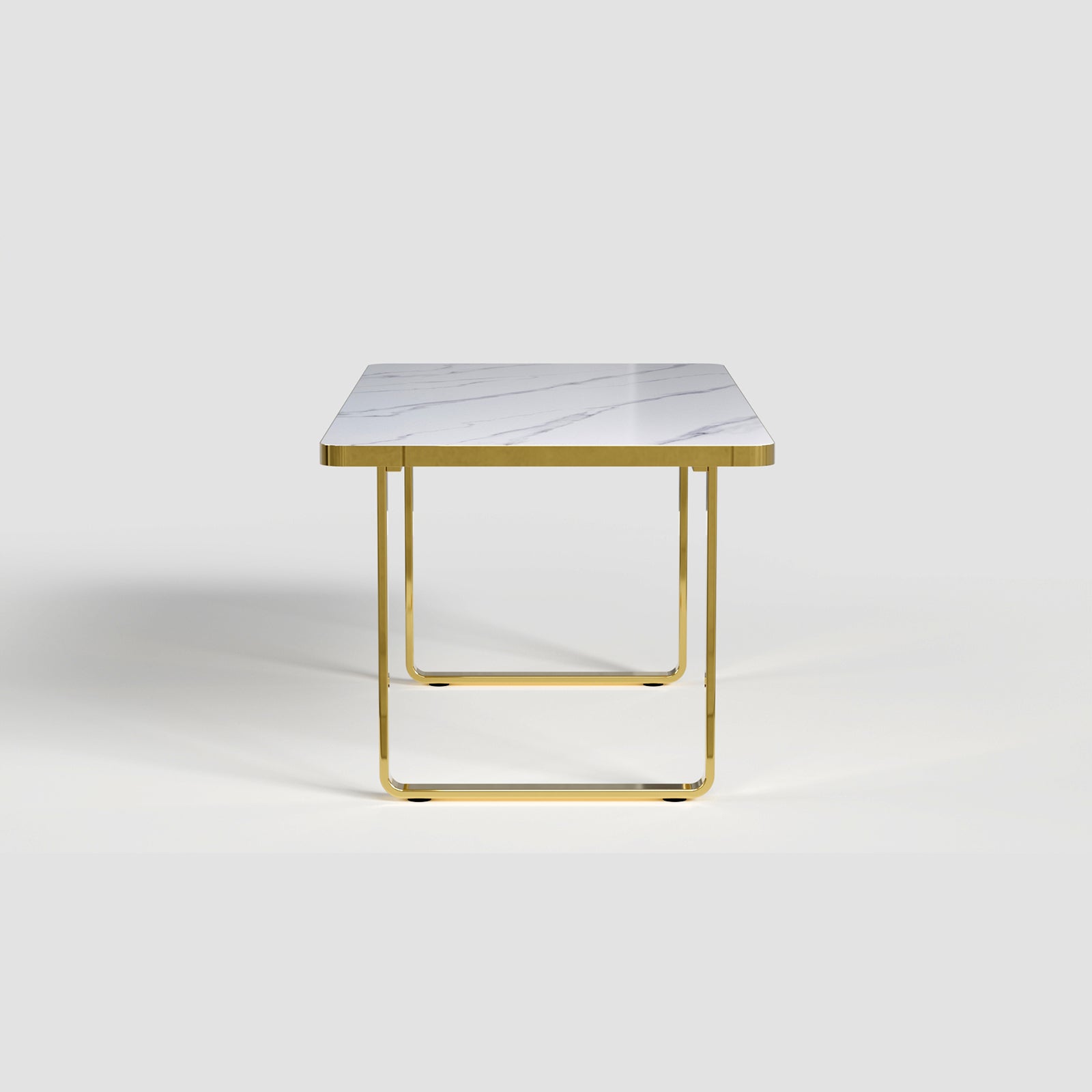 Dining room table with white glossy stone top and gold Metal U-Base for 6-Seat | T203