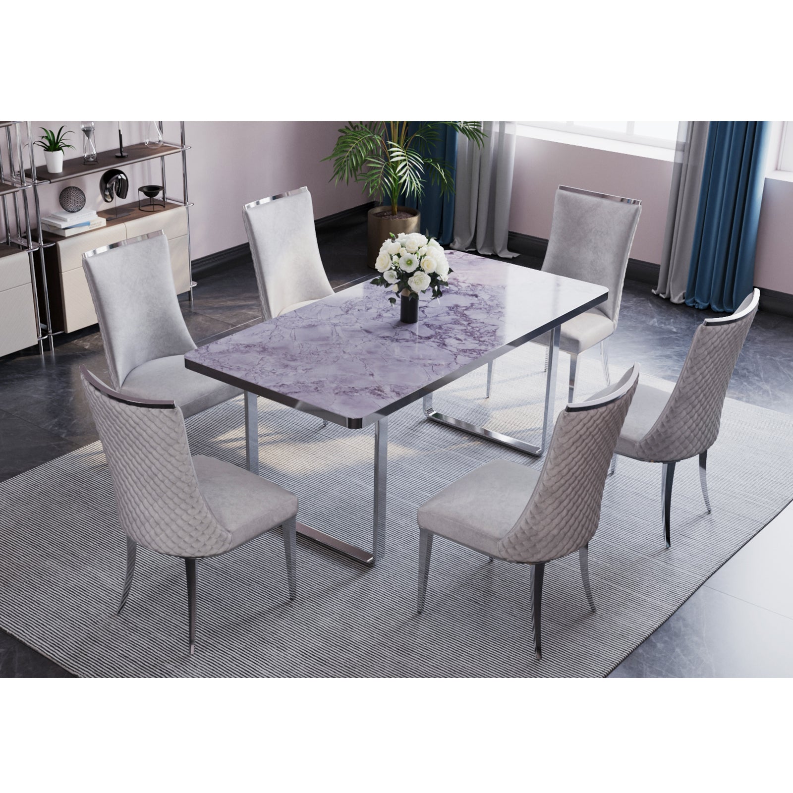 701 Set | AUZ White and Silver Dining room Sets for 6