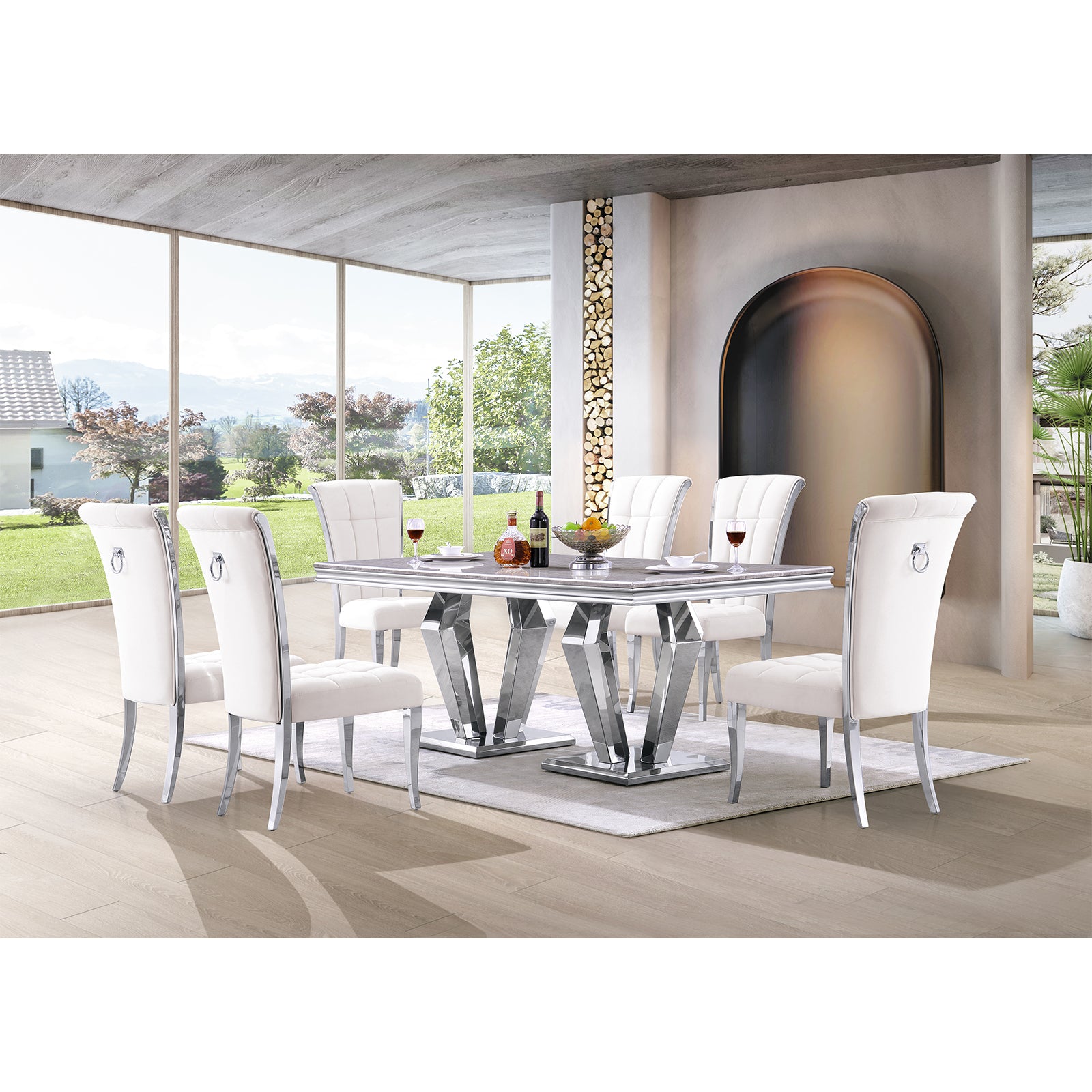 White Velvet Dining Chairs | Geometric square back| Metal legs| C150