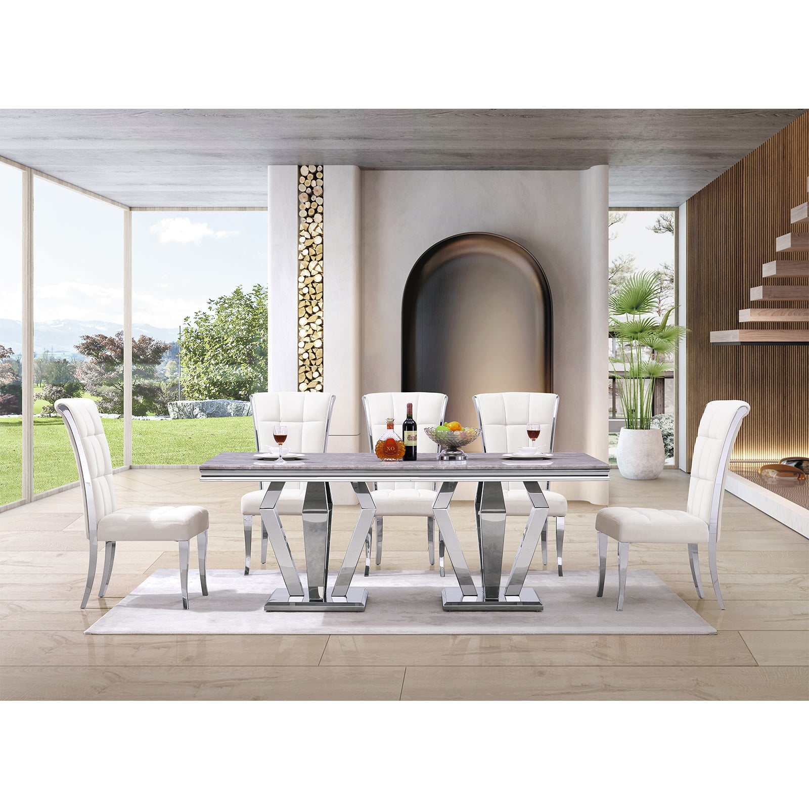 White Velvet Dining Chairs | Geometric square back| Metal legs| C150