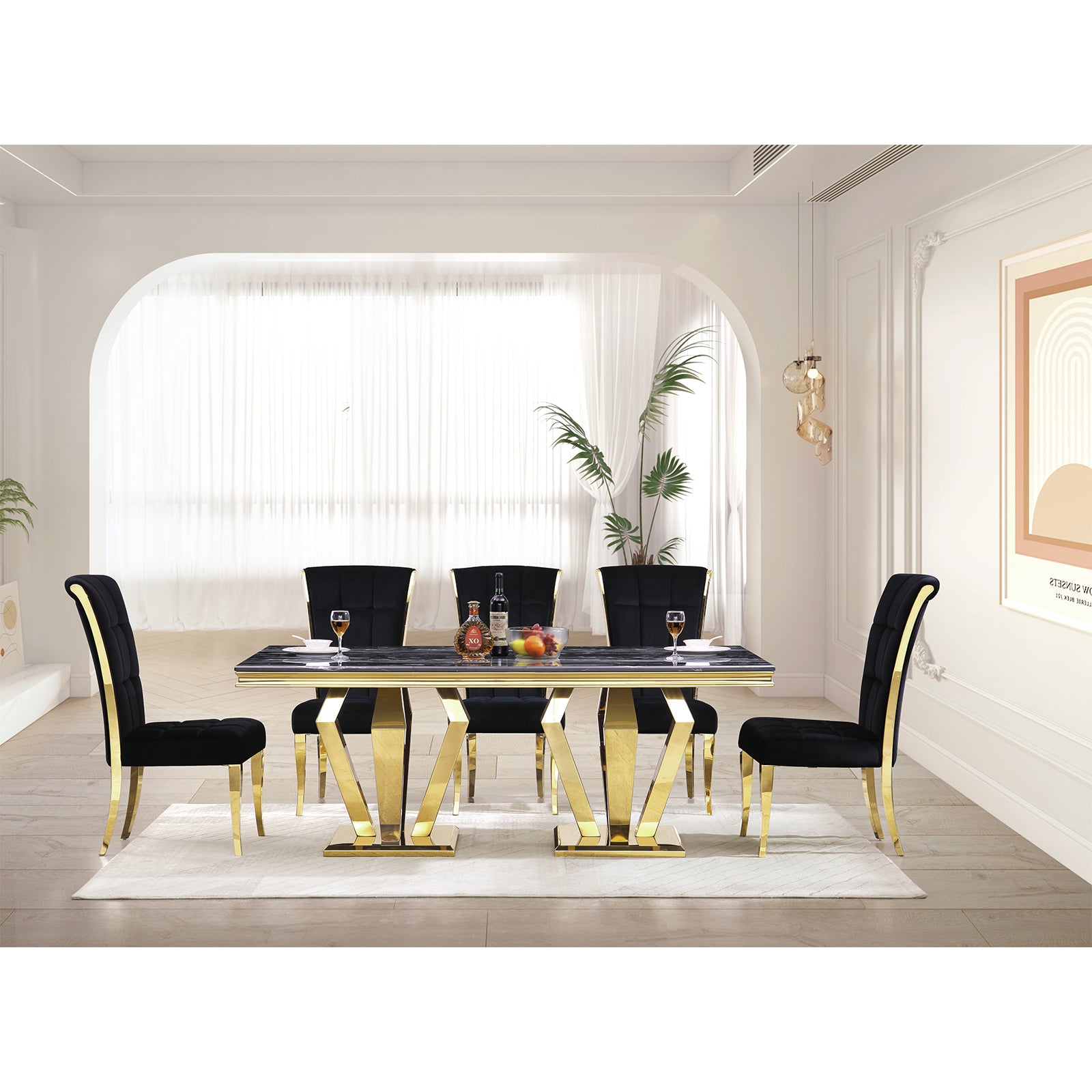 Black Velvet Dining Chairs | Geometric square back| Metal legs| C149