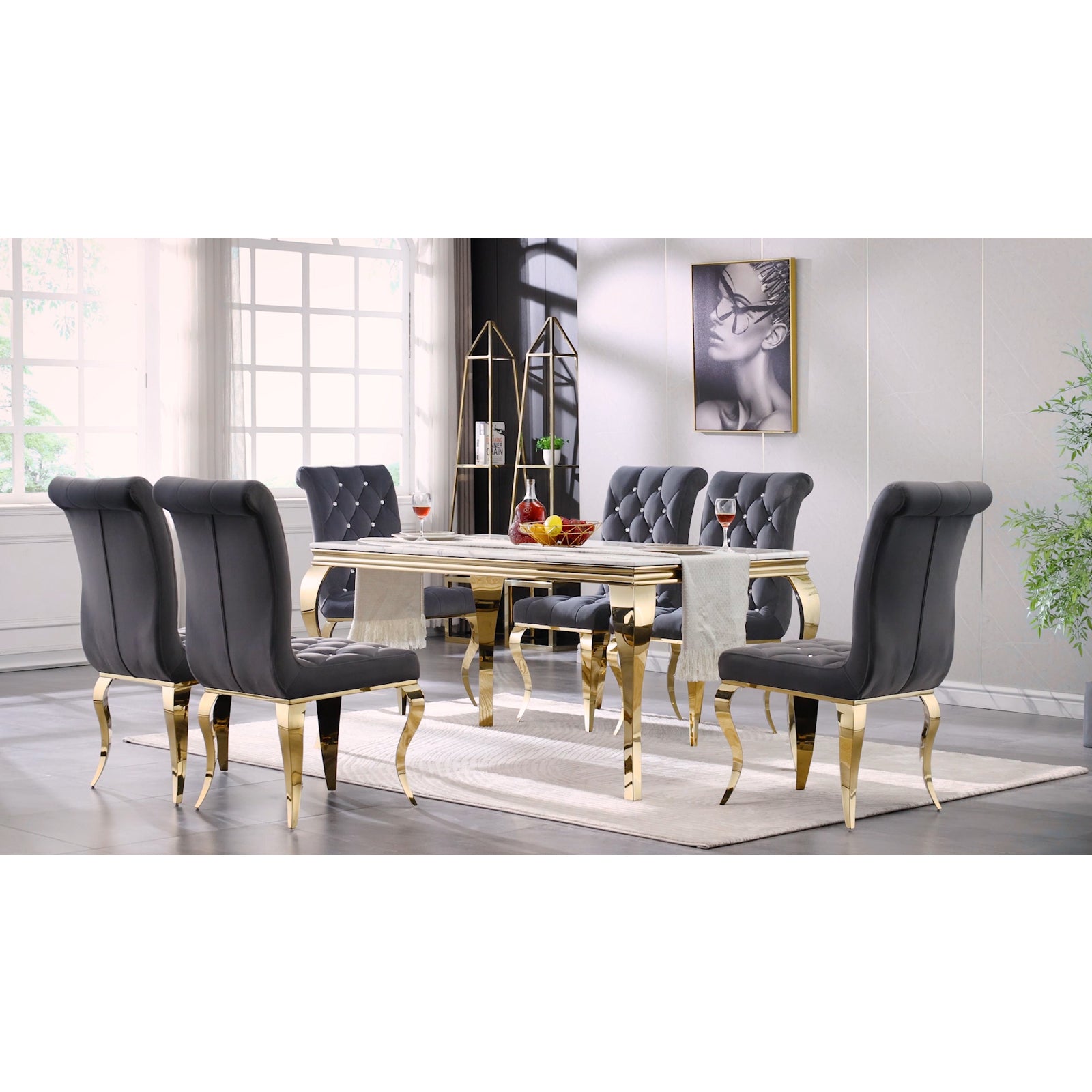 Gray Velvet dining Chairs| Button Tufted Crystal Back | C132