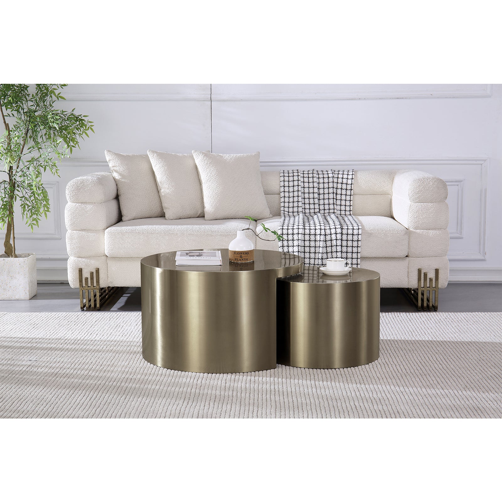 Nesting Round Coffee Table with Gold-Brushed Textured , Set of 2 | F320