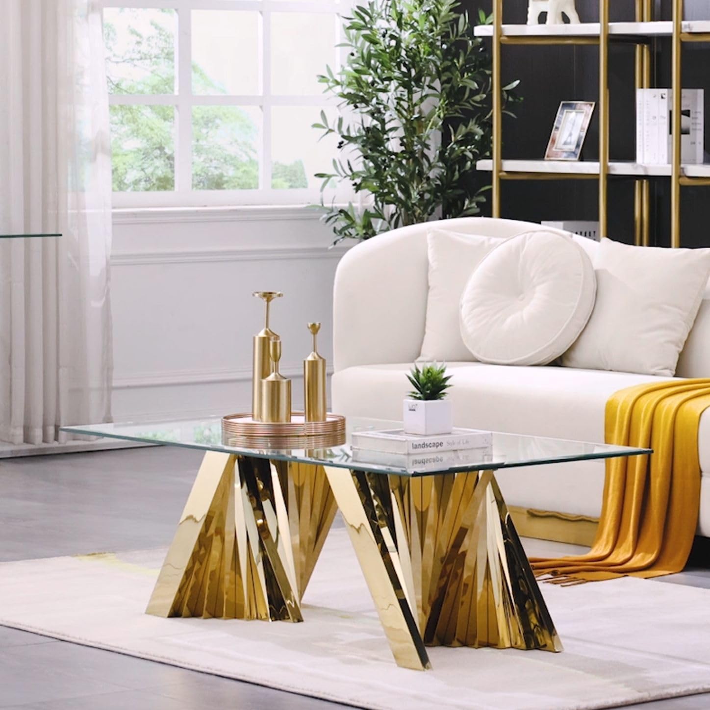 AUZ Gold Glass living room table set | Living room table set of 3 Metal Scalloped Legs | L219