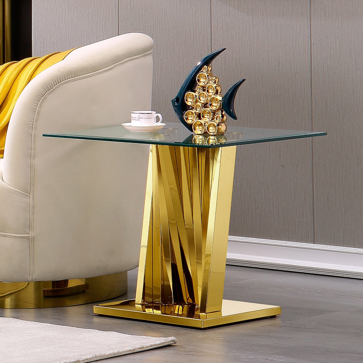 AUZ Gold Glass living room table set | Living room table set of 3 Metal Scalloped Legs | L219