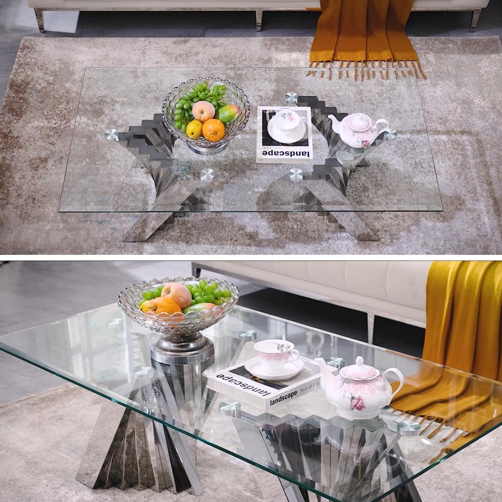 Glass Coffee Tables with Silver Metal Scalloped Legs | F310