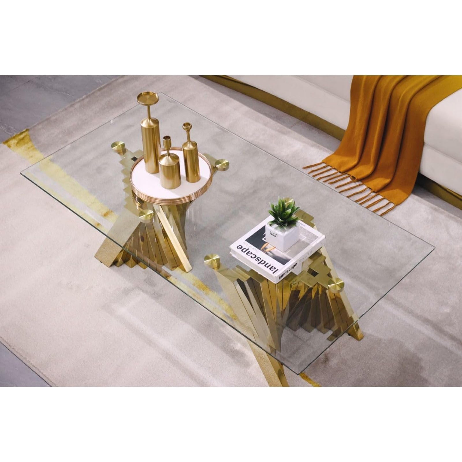 Glass Coffee Tables with Gold Metal Scalloped Legs | F311