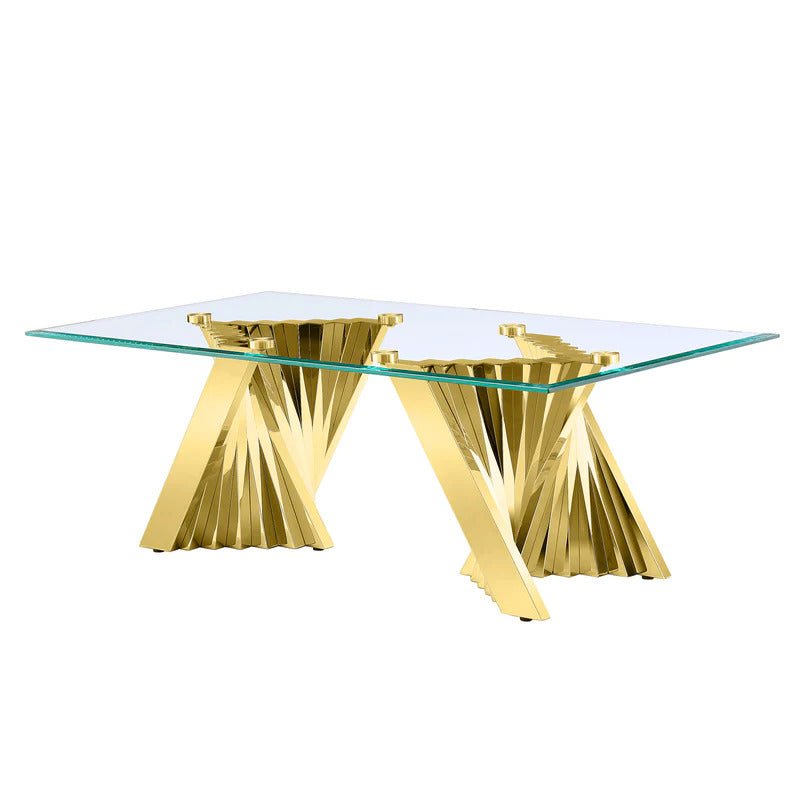AUZ Gold Glass living room table set | Living room table set of 3 Metal Scalloped Legs | L219