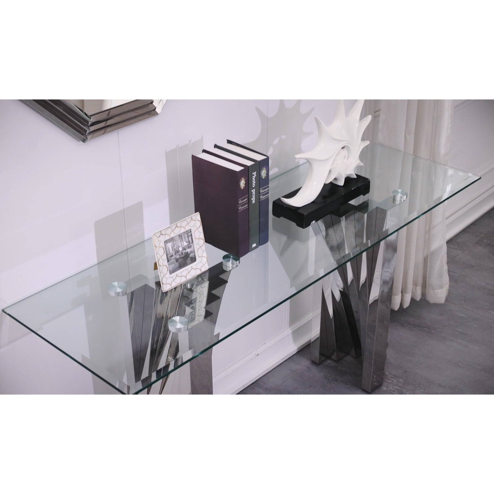 Glass Sofa Table with Polished Stainless Steel Scalloped Legs | S514