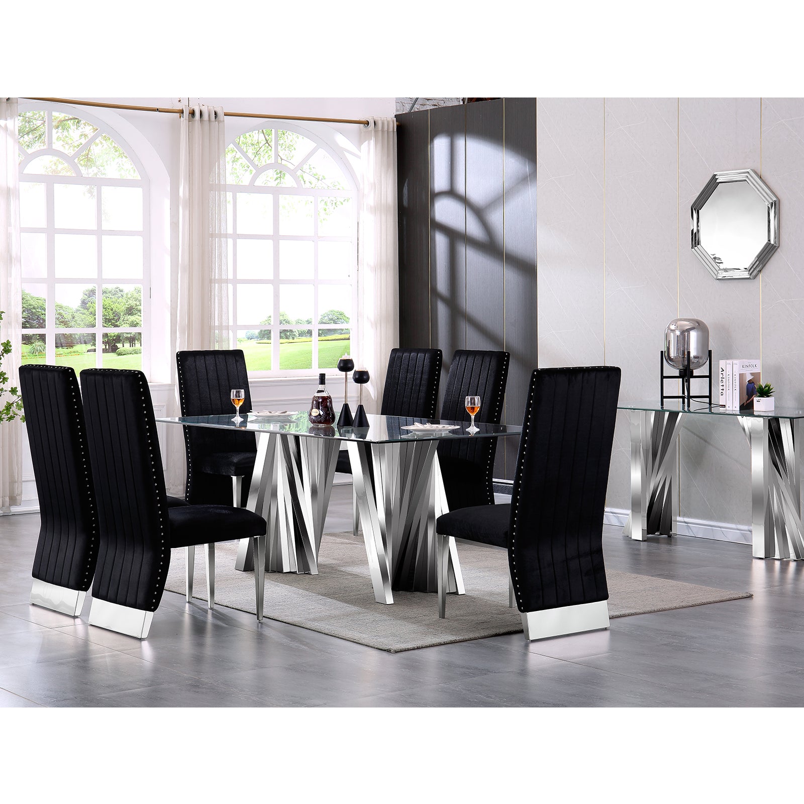 Glass Dining Table| 78’‘ Glass top | Silver Metal Fan-shaped legs | T214