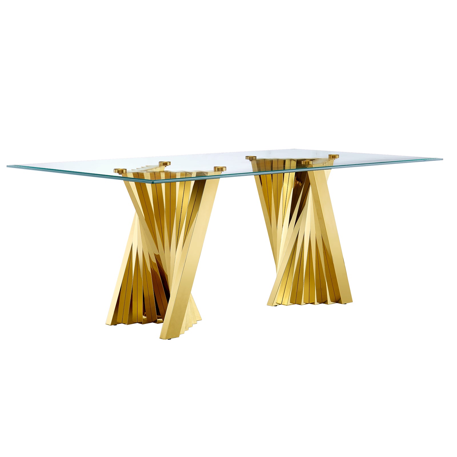 Glass Dining Table| 78’‘ Glass top | Gold Metal Fan-shaped legs | T215