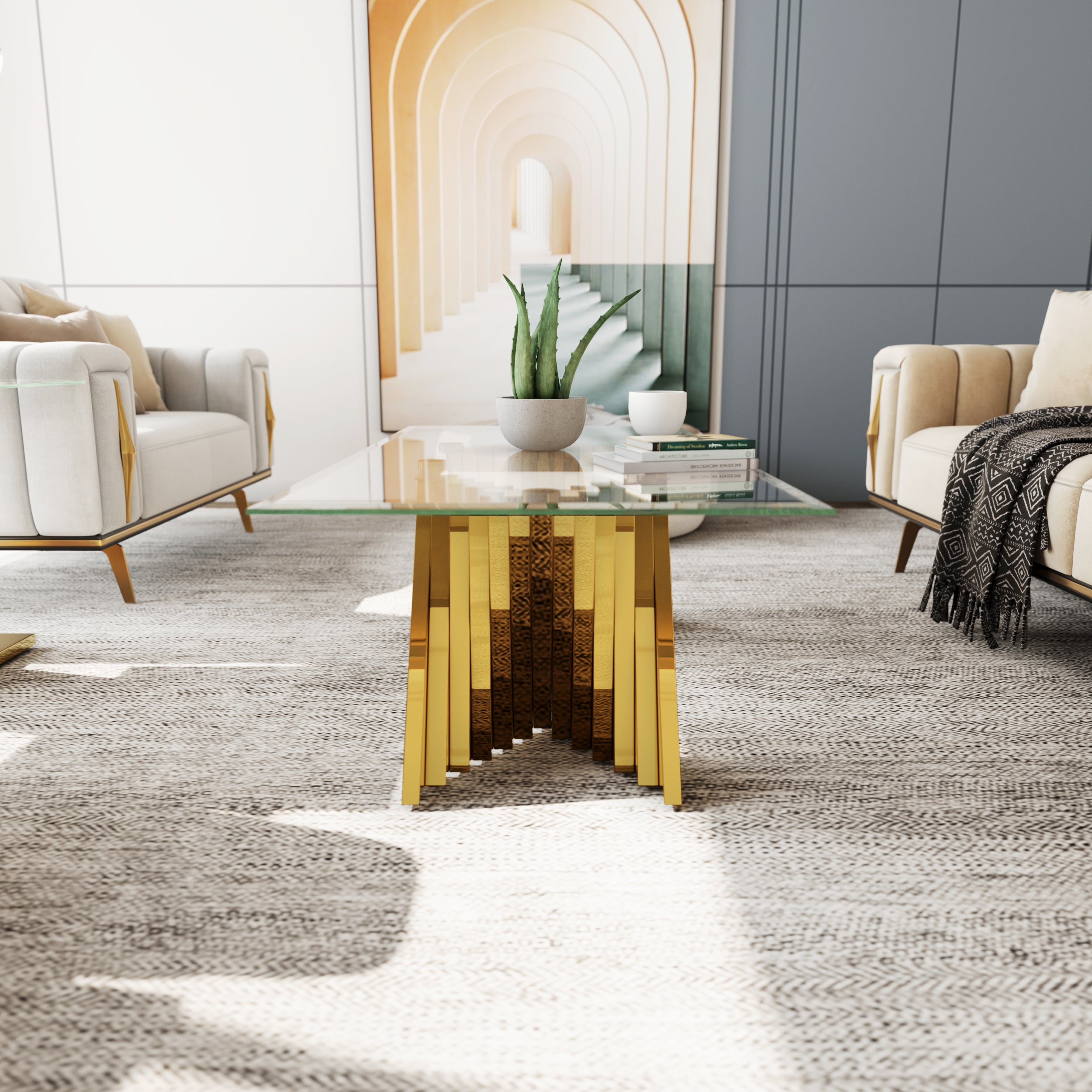 Glass Coffee Tables with Gold Metal Scalloped Legs | F311