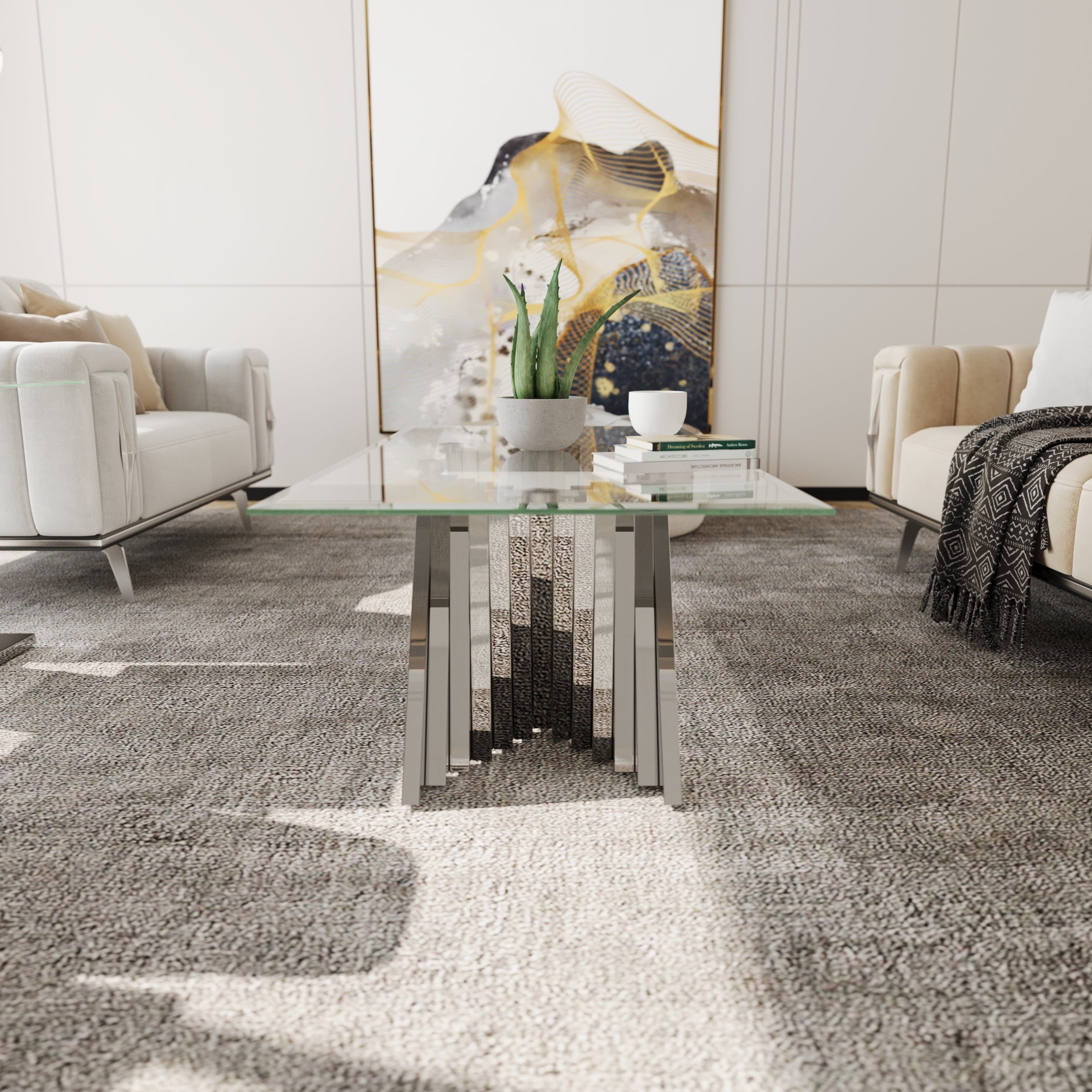 Glass Coffee Tables with Silver Metal Scalloped Legs | F310