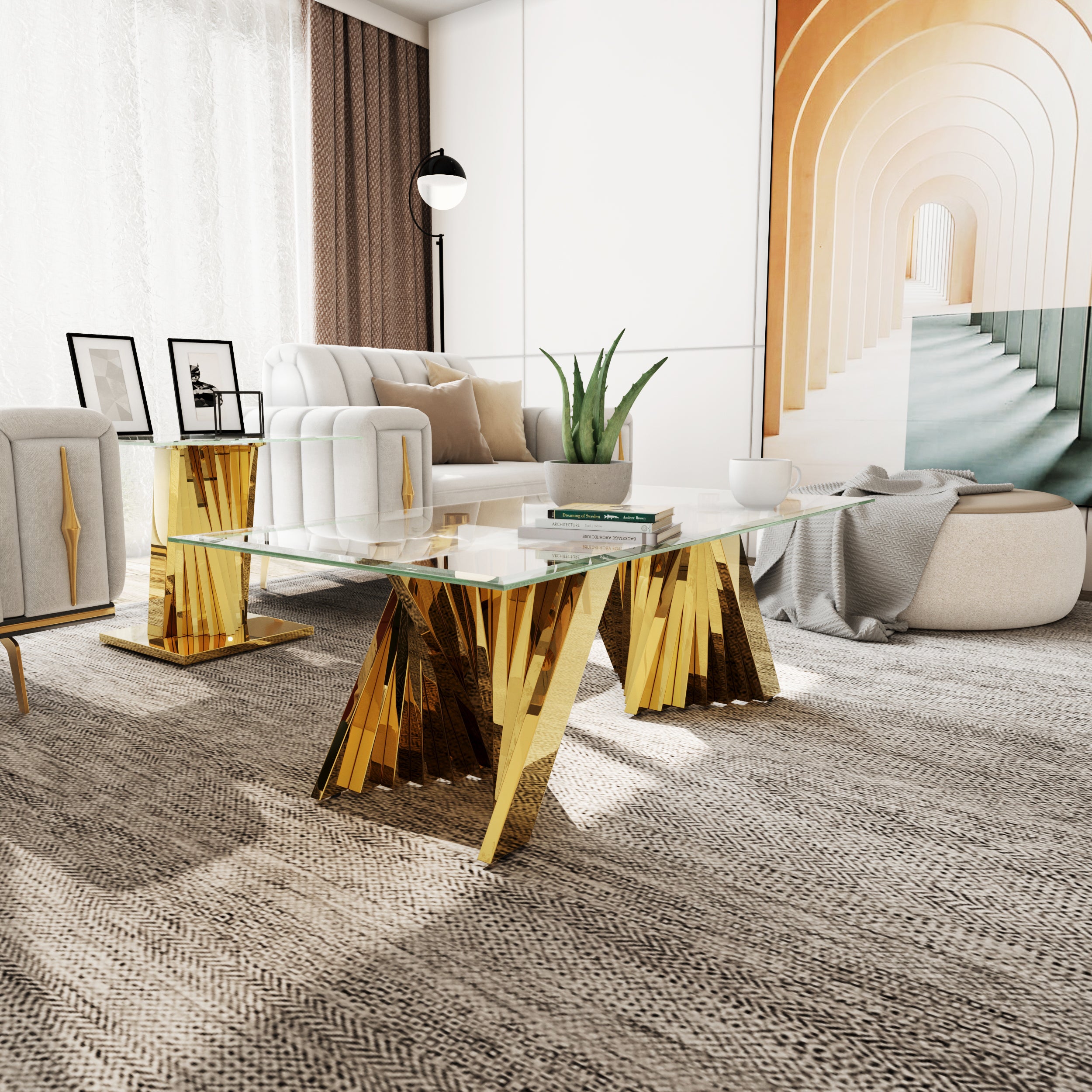 Glass Coffee Tables with Gold Metal Scalloped Legs | F311