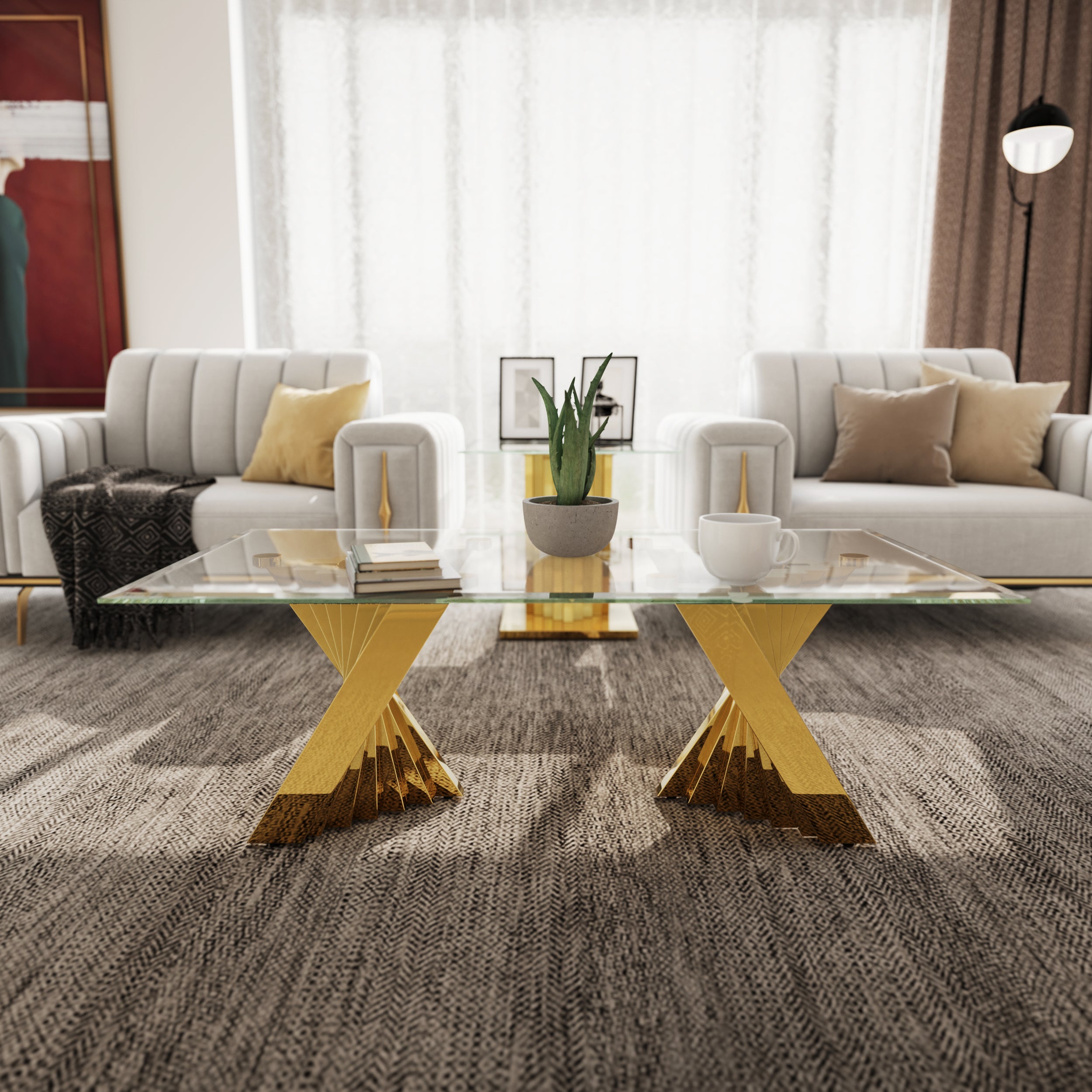 Glass Coffee Tables with Gold Metal Scalloped Legs | F311