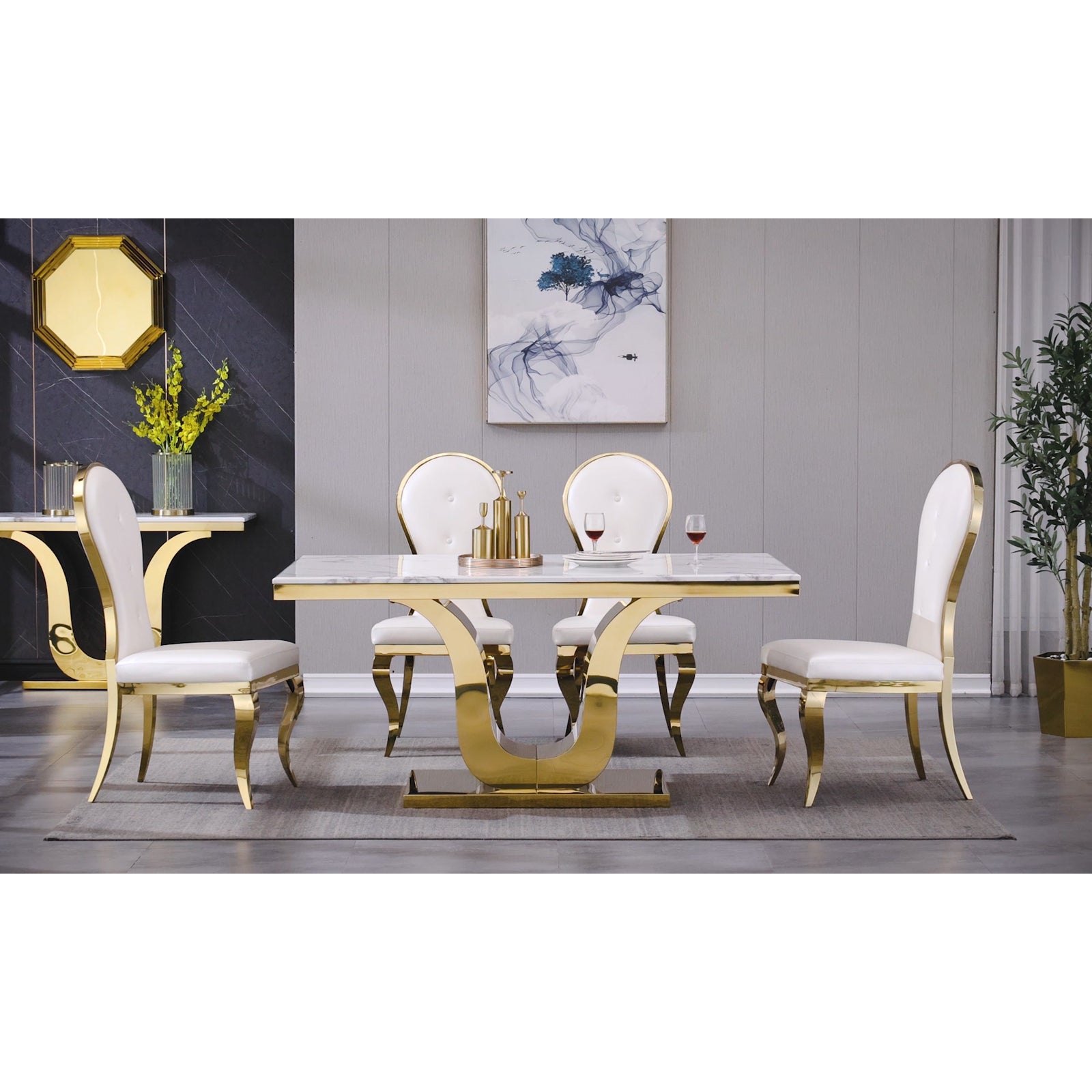 White Gold DIning table | 63.98" Rectangle Top | Metal U Base| T228