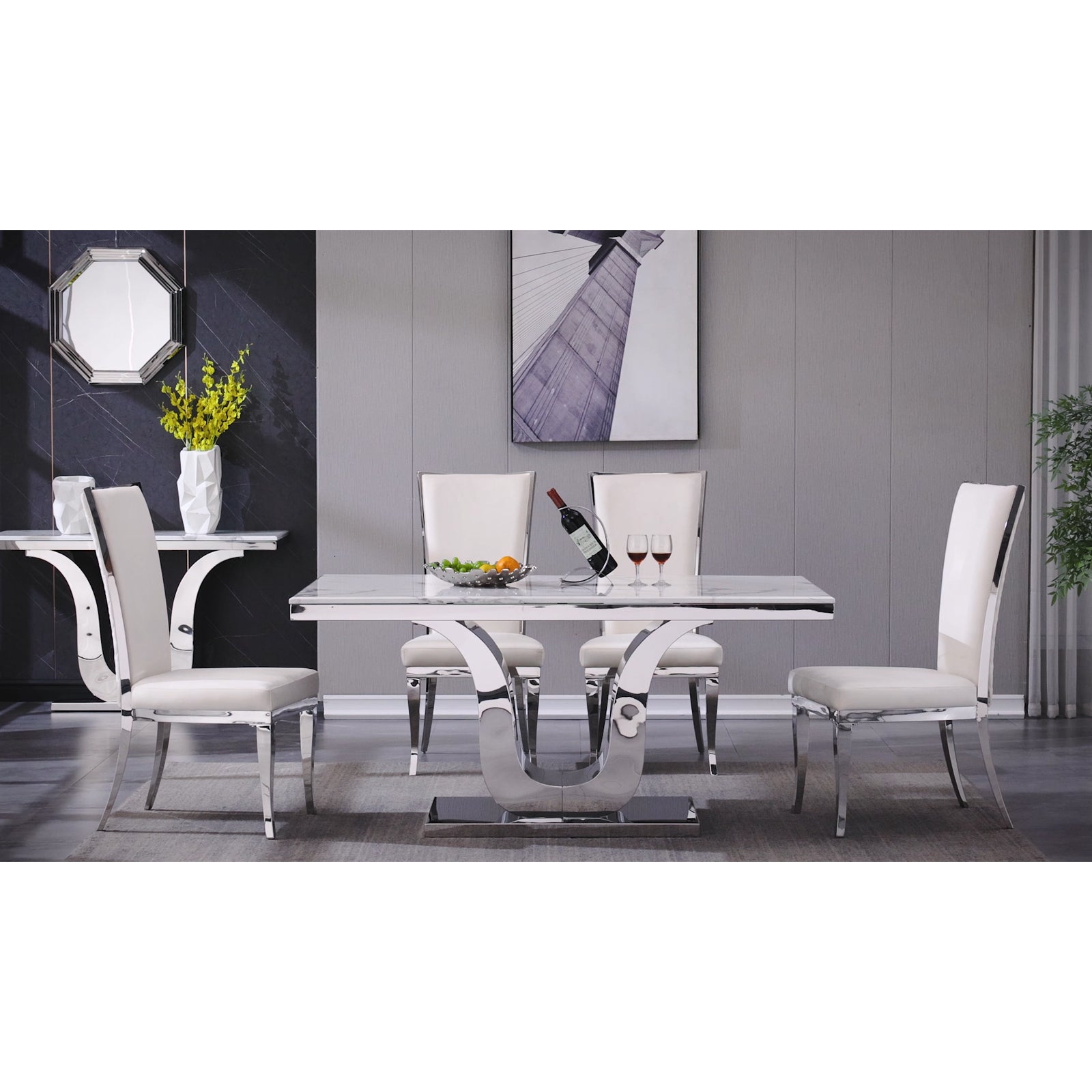 White Silver DIning table | 63.98" Rectangle Top| Metal U Base | T227