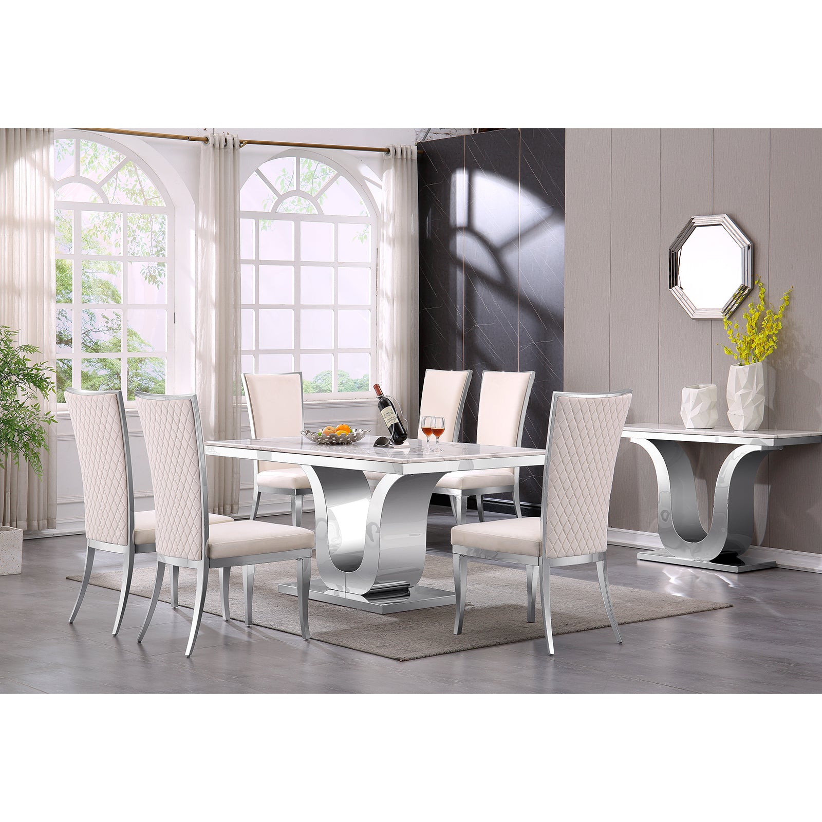 White Silver DIning table | 63.98" Rectangle Top| Metal U Base | T227