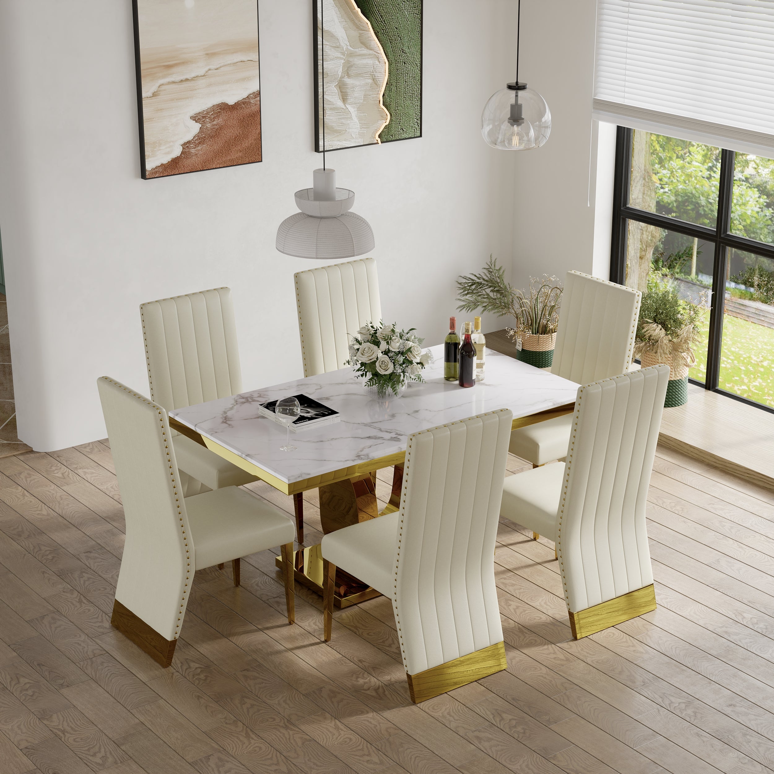 White leather Dining Chairs | Nailhead Trim | Metal gold legs | C159