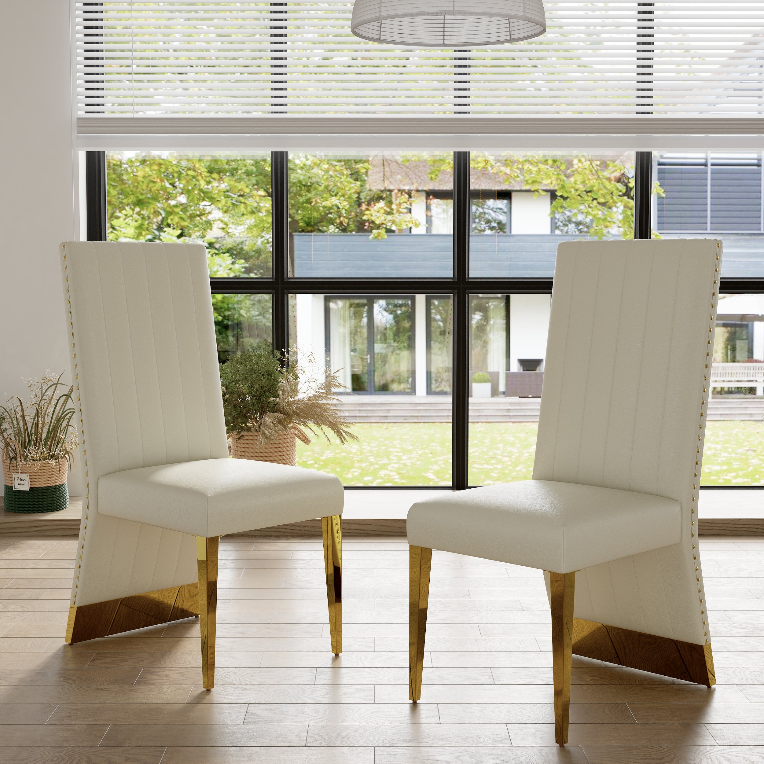 White leather Dining Chairs | Nailhead Trim | Metal gold legs | C159