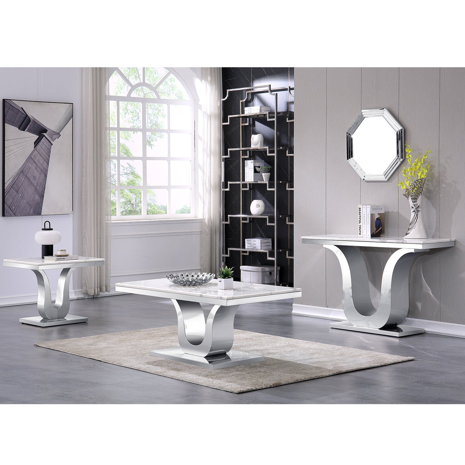 White and Silver Living room table Set | Metal U Base |L211