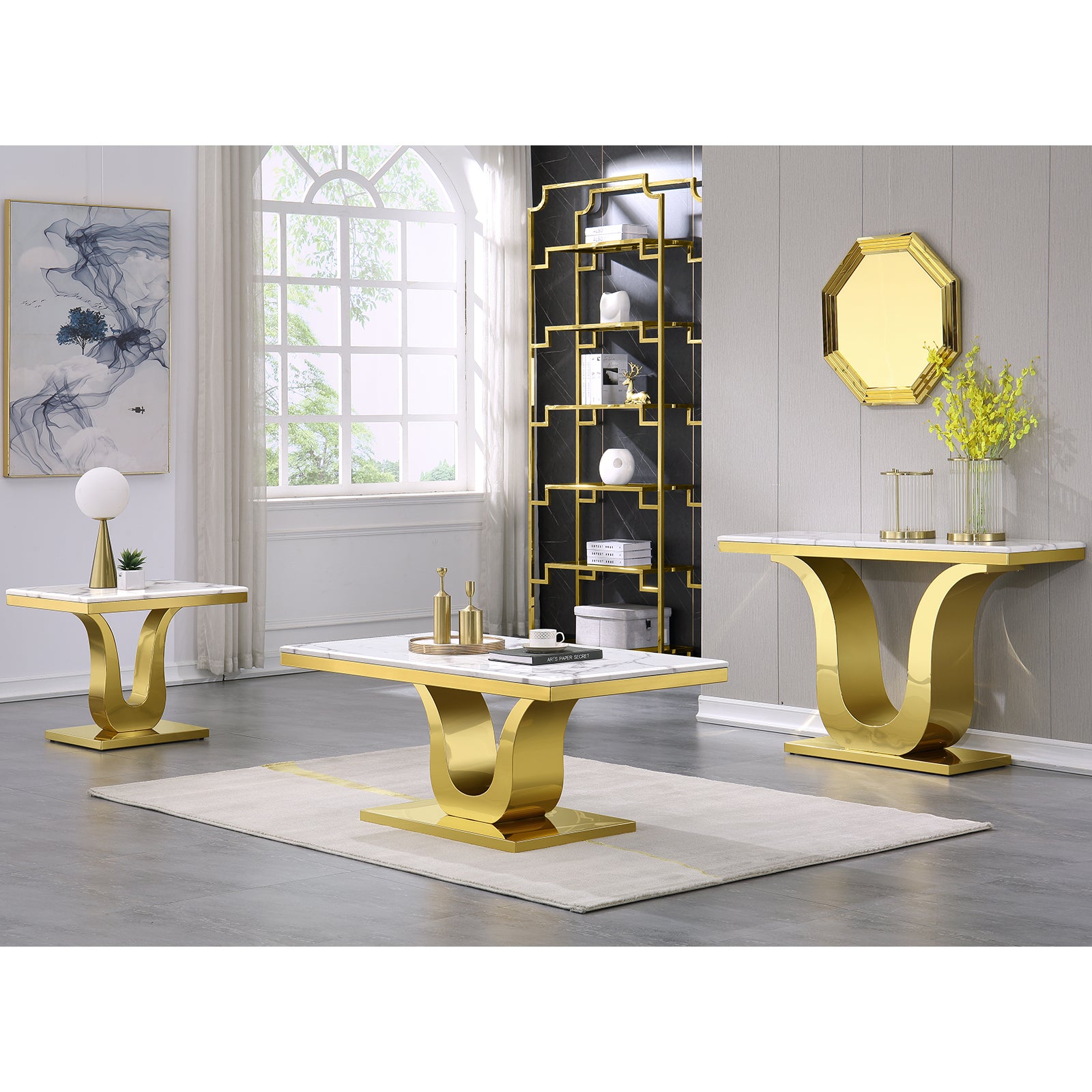 White Coffee Table with Gold Metal U Base | F314