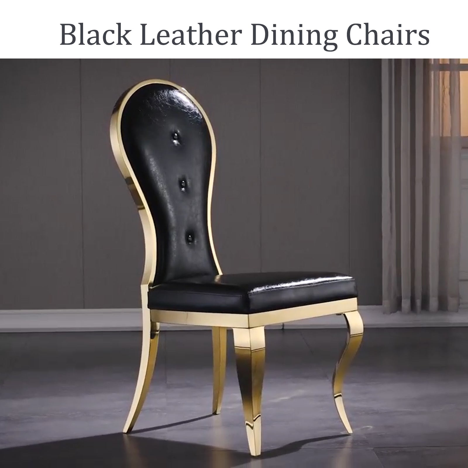 Black leather Dining Chairs | Oval-shaped back | Gold metal legs| C143