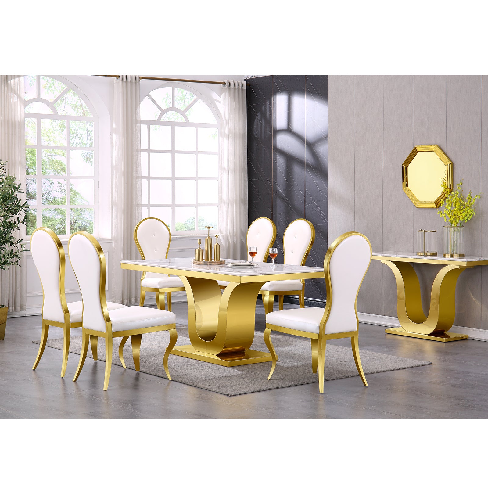 White leather Dining Chairs | Oval-shaped back | Gold metal legs| C144