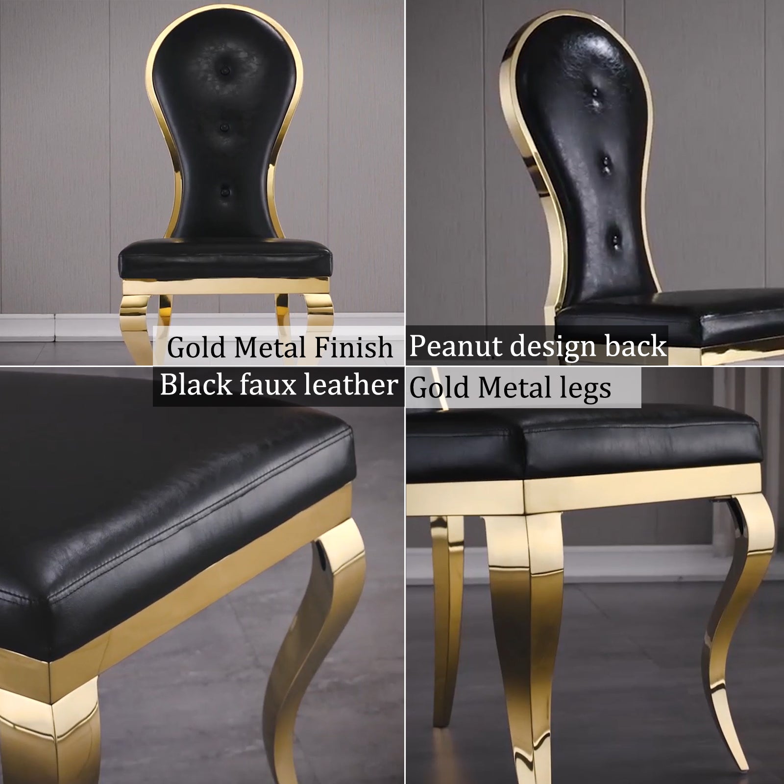 Black leather Dining Chairs | Oval-shaped back | Gold metal legs| C143