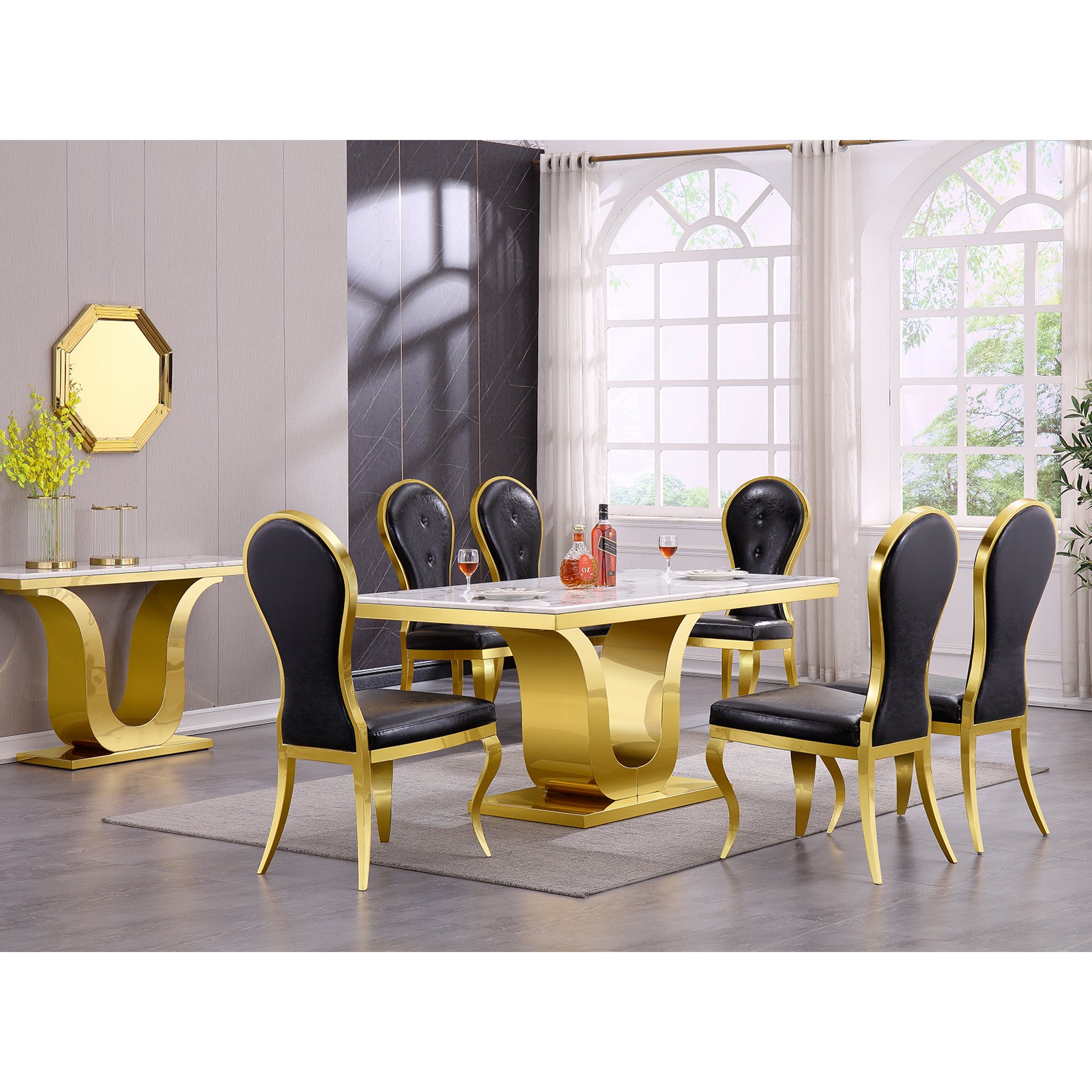Black leather Dining Chairs | Oval-shaped back | Gold metal legs| C143