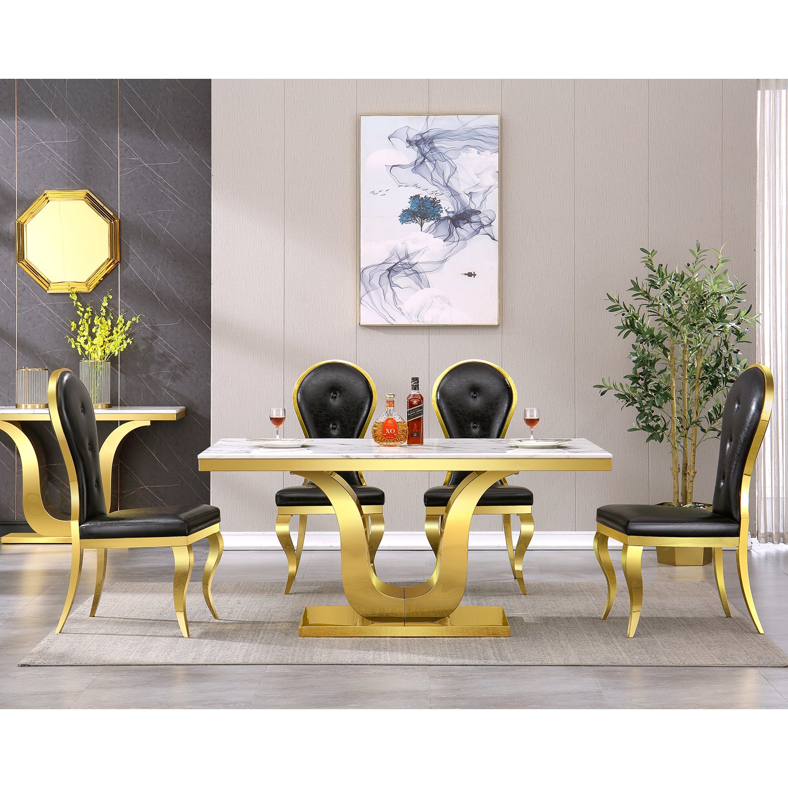 Black leather Dining Chairs | Oval-shaped back | Gold metal legs| C143
