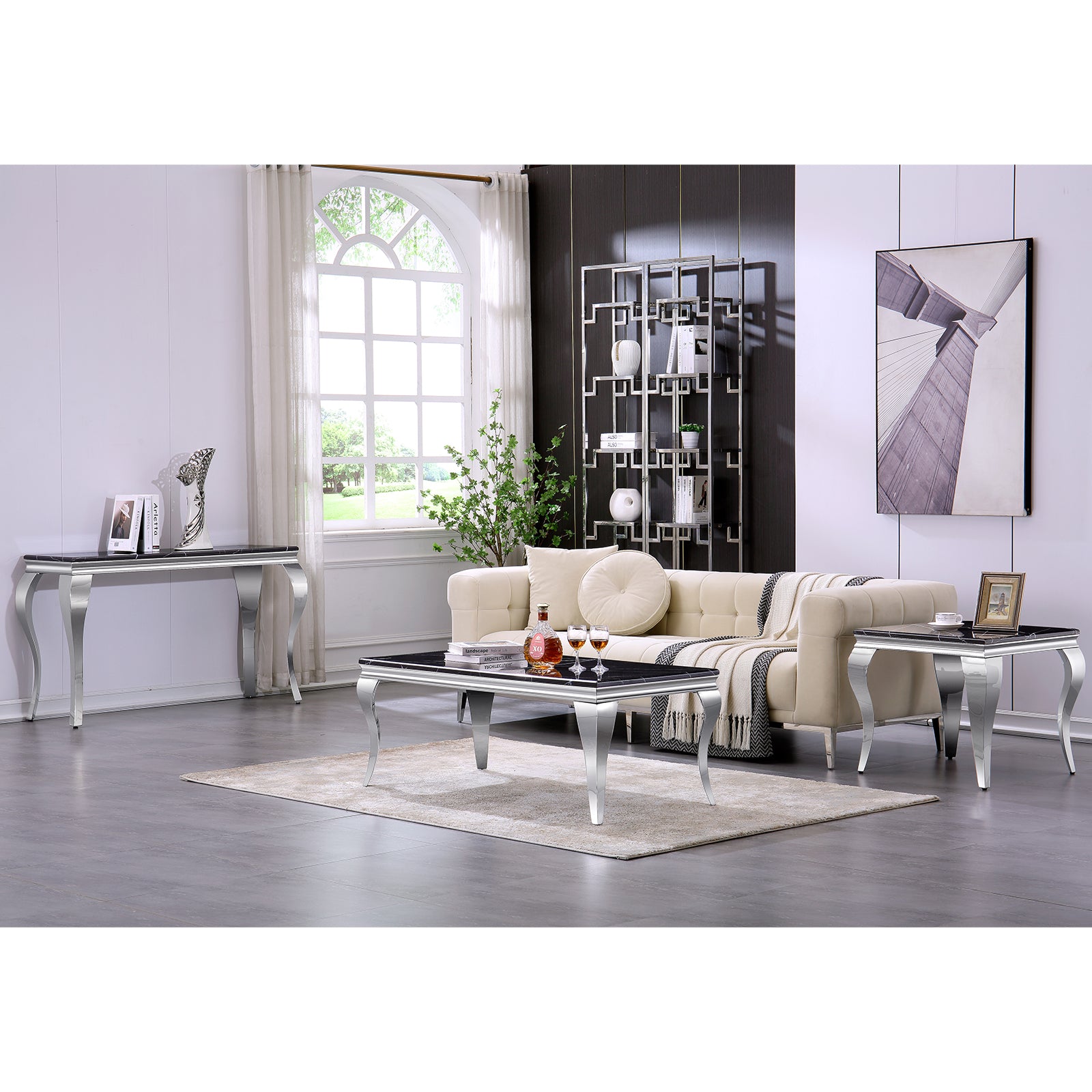 Black Living room table Set | Silver metal legs | L210