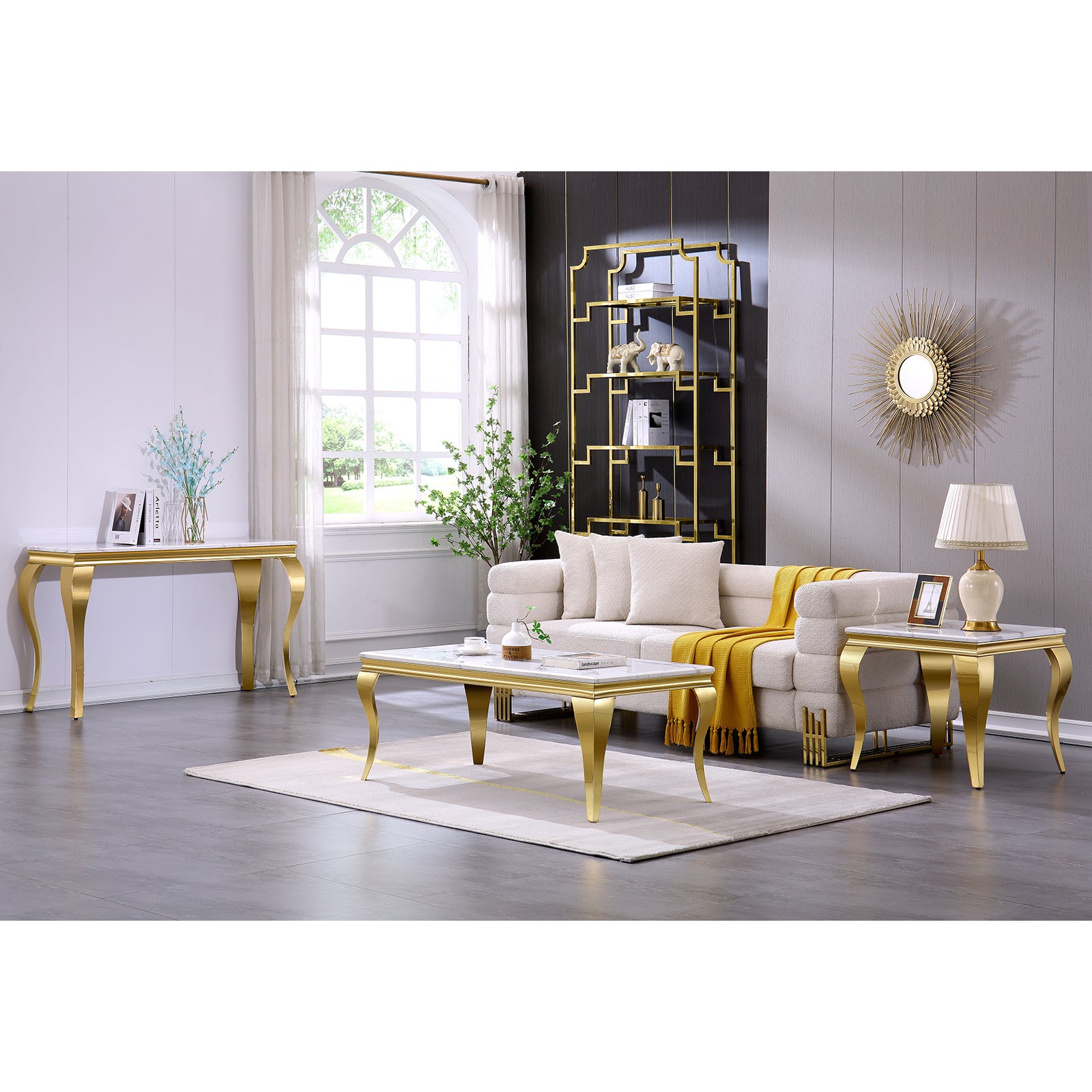 White Gold Living room table Set | Gold metal legs | L209