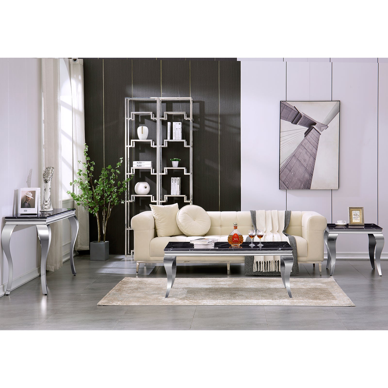Black Living room table Set | Silver metal legs | L210