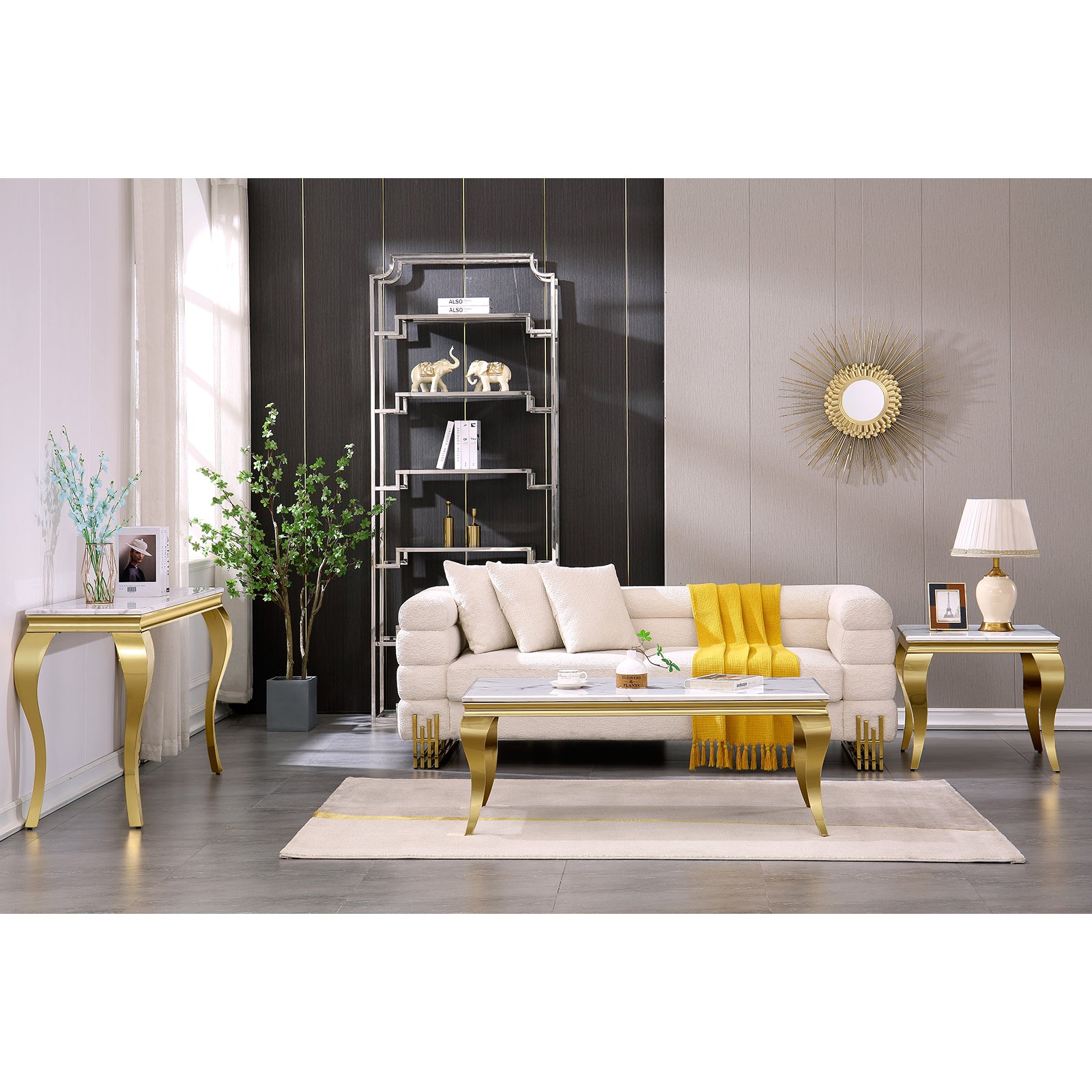 White Gold Living room table Set | Gold metal legs | L209